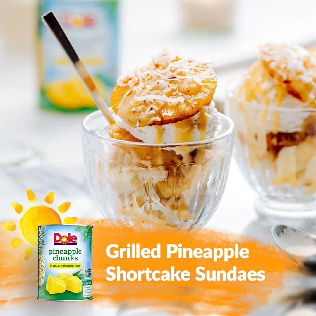 Dole Packaged Foods（ドール）のインスタグラム：「Celebrate #NationalSundaeDay by whipping up this delicious treat that’ll have everyone smiling from ear to ear.   INGREDIENTS • 1 can (20 oz.) DOLE® Pineapple Slices • 1 stick (1/2 cup) unsalted butter • 1/2 cup packed brown sugar • 6 prepared individual shortcakes • 1 cup heavy (whipping) cream • 1 tbsp. cornstarch • 1 pint vanilla ice cream • 1/4 cup sweetened shredded coconut, toasted  DIRECTIONS 1. Drain pineapple, reserve juice. Heat grill to medium-low. 2. Melt butter and brown sugar in a heavy medium saucepan, over medium-low heat, stirring often. Place pineapple slices and shortcakes on separate baking sheets. Brush both sides of each with some butter mixture. 3. Stir reserved pineapple juice, cream and cornstarch into butter mixture. Stir over medium-low heat, until bubbly and thickened. Remove from heat; cover to keep warm. 4. Grill shortcakes 4 to 6 minutes, turning once, until light golden and crisp. Grill pineapple slices 5 to 9 minutes, turning once, until browned and hot. 5. To serve: Place shortcakes on dessert plates. Top each with a small scoop of ice cream and 2 pineapple slices. Spoon some warm sauce over each, sprinkle with coconut and serve immediately. Alternatively, spoon ice cream into a sundae glass and top with shortcake, pineapple, sauce, and coconut.」