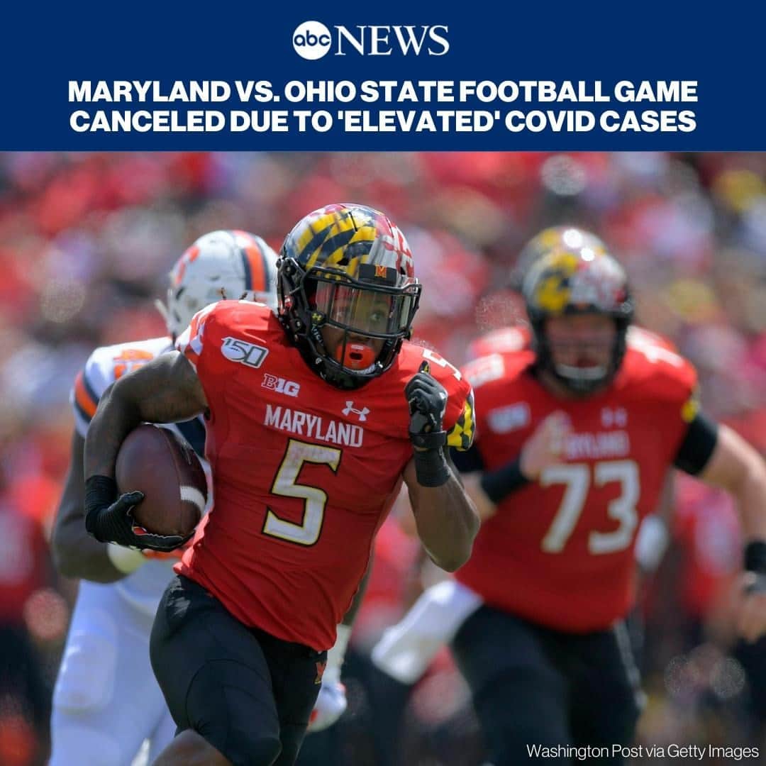 ABC Newsさんのインスタグラム写真 - (ABC NewsInstagram)「LATEST: This Saturday's football game between Maryland and Ohio State has been canceled "due to an elevated number of COVID-19 cases" on Maryland's team, the school announces, after eight players have tested positive in the last week.⁠ ⁠ Four other games featuring ranked teams, including No. 1 Alabama, have been postponed this weekend due to COVID-19 outbreaks. #marlyand #universityofmaryland #ohiostate #buckeyes #collegefootball #covid19 #coronavirus⁠ ⁠ Get the latest headlines on the coronavirus pandemic a LINK IN BIO.」11月12日 5時23分 - abcnews