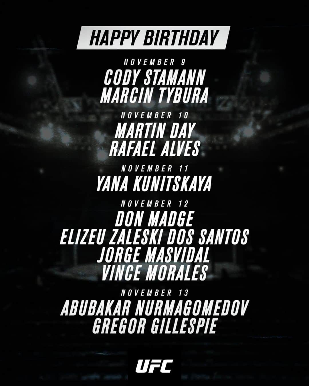 UFCさんのインスタグラム写真 - (UFCInstagram)「Birthdays are in full swing this week! Help us celebrate our athletes with a birthday shoutout 🎉」11月12日 10時03分 - ufc