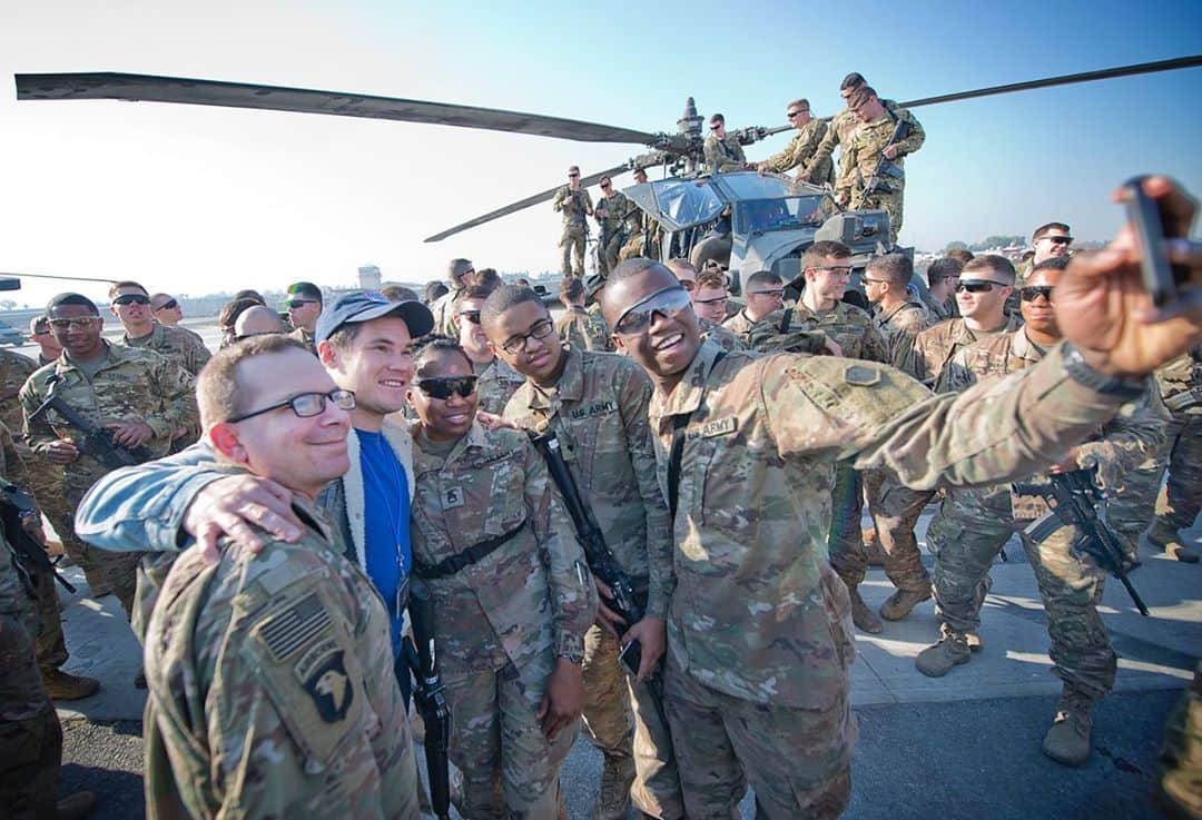 アダム・ディバインのインスタグラム：「I had the chance to go on a @theuso tour a few years back. I got to perform for the troops in Iraq on Christmas. It was truly one of the most beautiful, humbling, and inspiring times of my life. THANK YOU to all that have served and are serving in our military! #veteransday」
