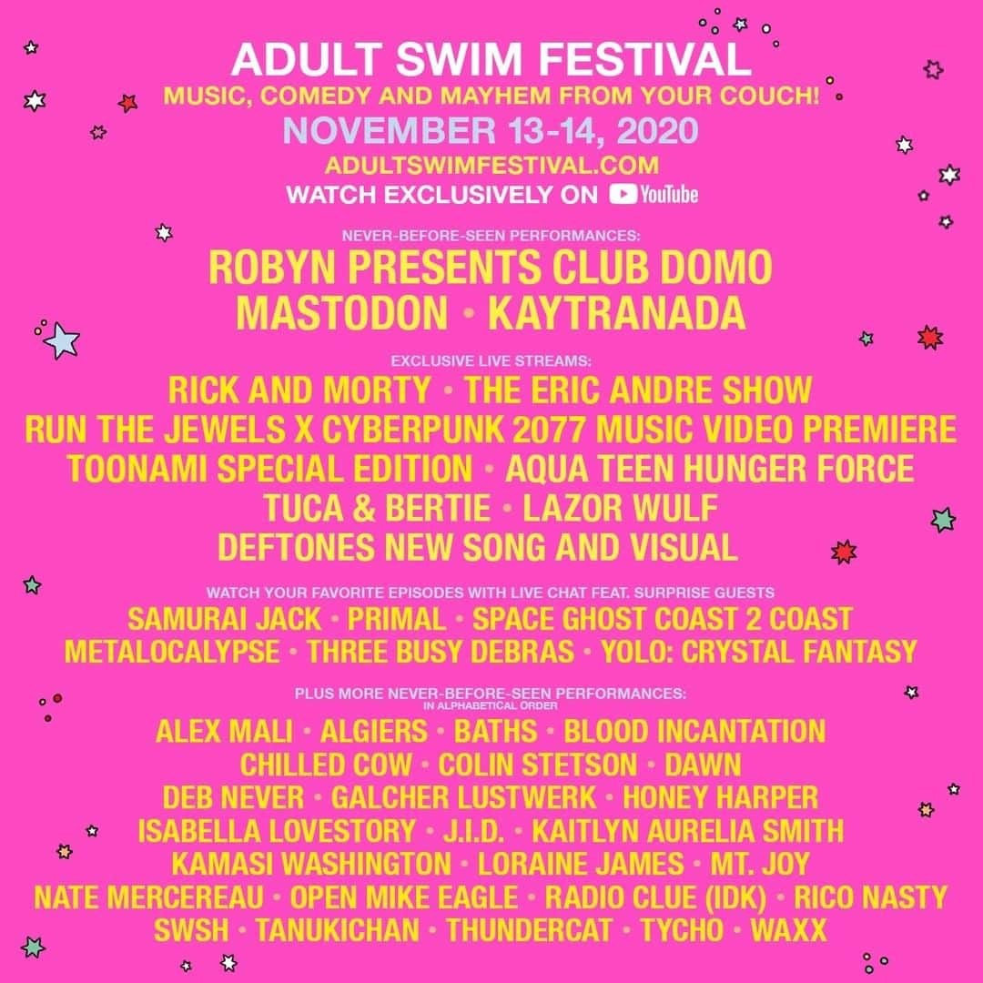 マストドンのインスタグラム：「We're performing at @adultswim Festival November 13-14 on Adult Swim YouTube Live. It's virtual and FREE. There will also be music, comedy, show panels, watch parties and weird adult swim stuff. Visit adultswimfestival.com for more info.」