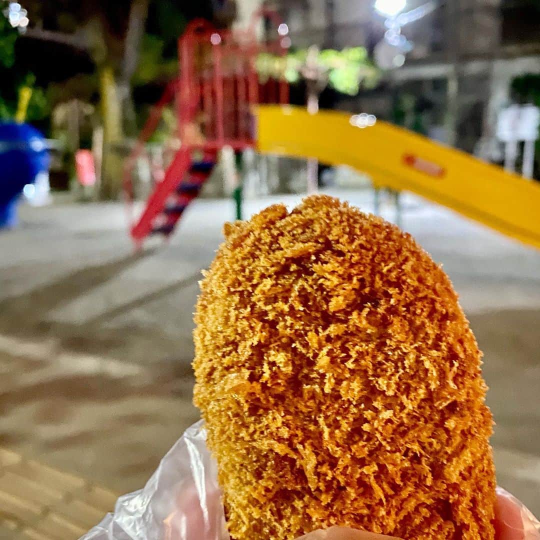 澤田修のインスタグラム：「近所にある精肉店でコロッケとハムカツを買って、アサヒザリッチを手に誰もいない公園へ。 さすがに寒くてリッチに手は出なかった。  #コロッケ #ハムカツ #公園飲み失敗」