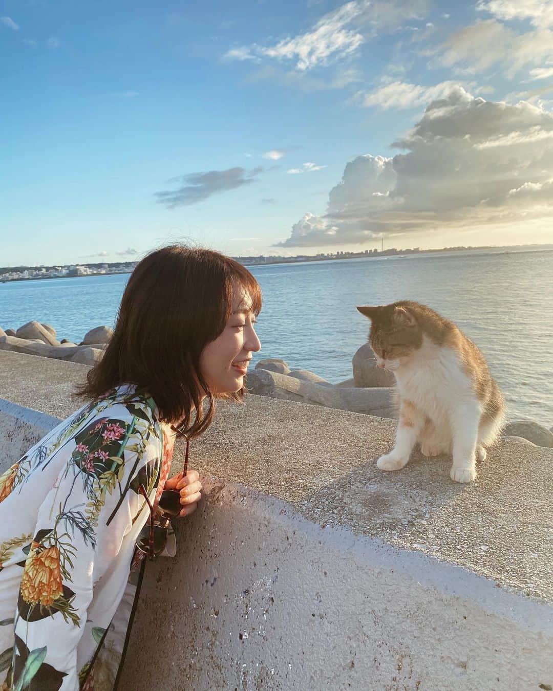 瀬口かなのインスタグラム：「﻿ 沖縄のサンセットと猫様です🐈﻿ ﻿ ﻿ ﻿ 圧倒的犬派の私でも﻿ 思わず追ってしまうほど可愛い猫ちゃんでした😭💓﻿ ﻿ ﻿ そして本当に綺麗だった…！﻿ ﻿ ﻿ ﻿ ﻿#沖縄 #沖縄旅行 #okinawa #sunset #サンセット #猫 #猫スタグラム #cat #catstagram」