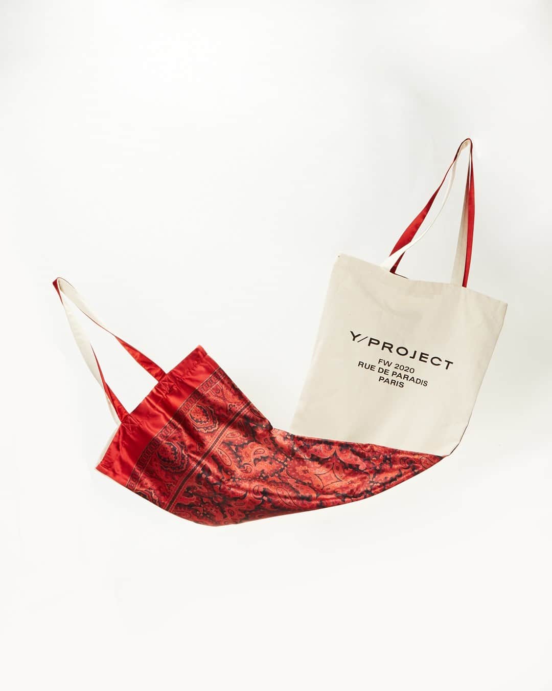 のインスタグラム：「New season accessories include the reversible Scarf Tote Bag from Y/Project, featuring a logo-print canvas front and a satin scarf print-inspired reverse. Explore new arrivals online. @yproject_offical #NewArrivals」
