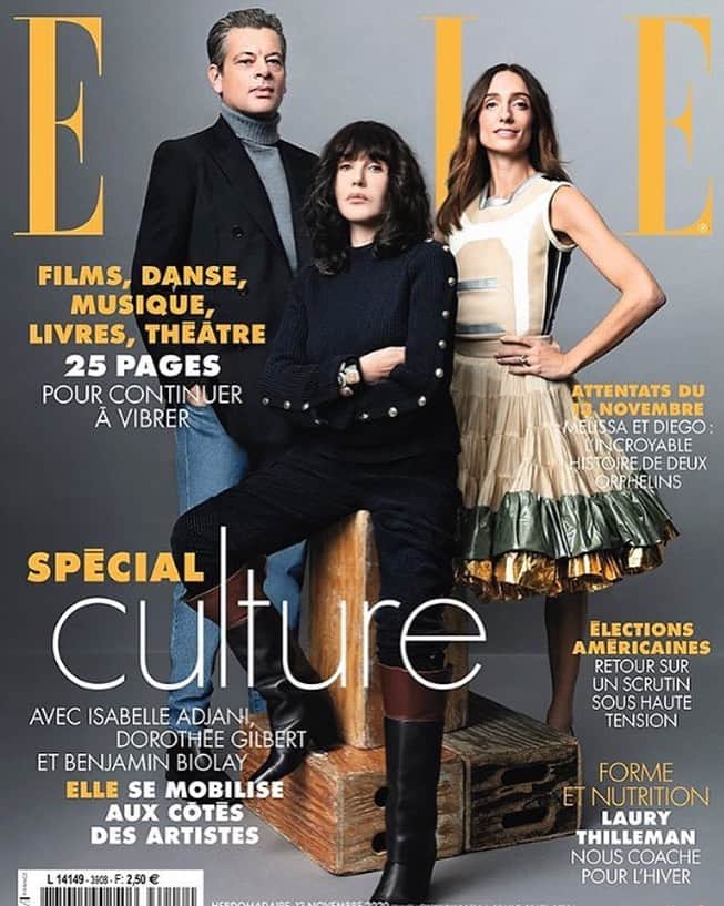 ドロテ・ジルベールのインスタグラム：「Demain dans ELLE, aux côtés d’ @isabelleadjaniofficiel et @benjamin_biolay_  - Merci @albane.cleret @annemariebrouillet  @johnnollet pour la coiffure et @lisalegrand_makeup @givenchybeaute pour le maquillage. Robe @louisvuitton  📷 @jean_francoisrobert  . #albanecleretimage #elle #louisvuitton」