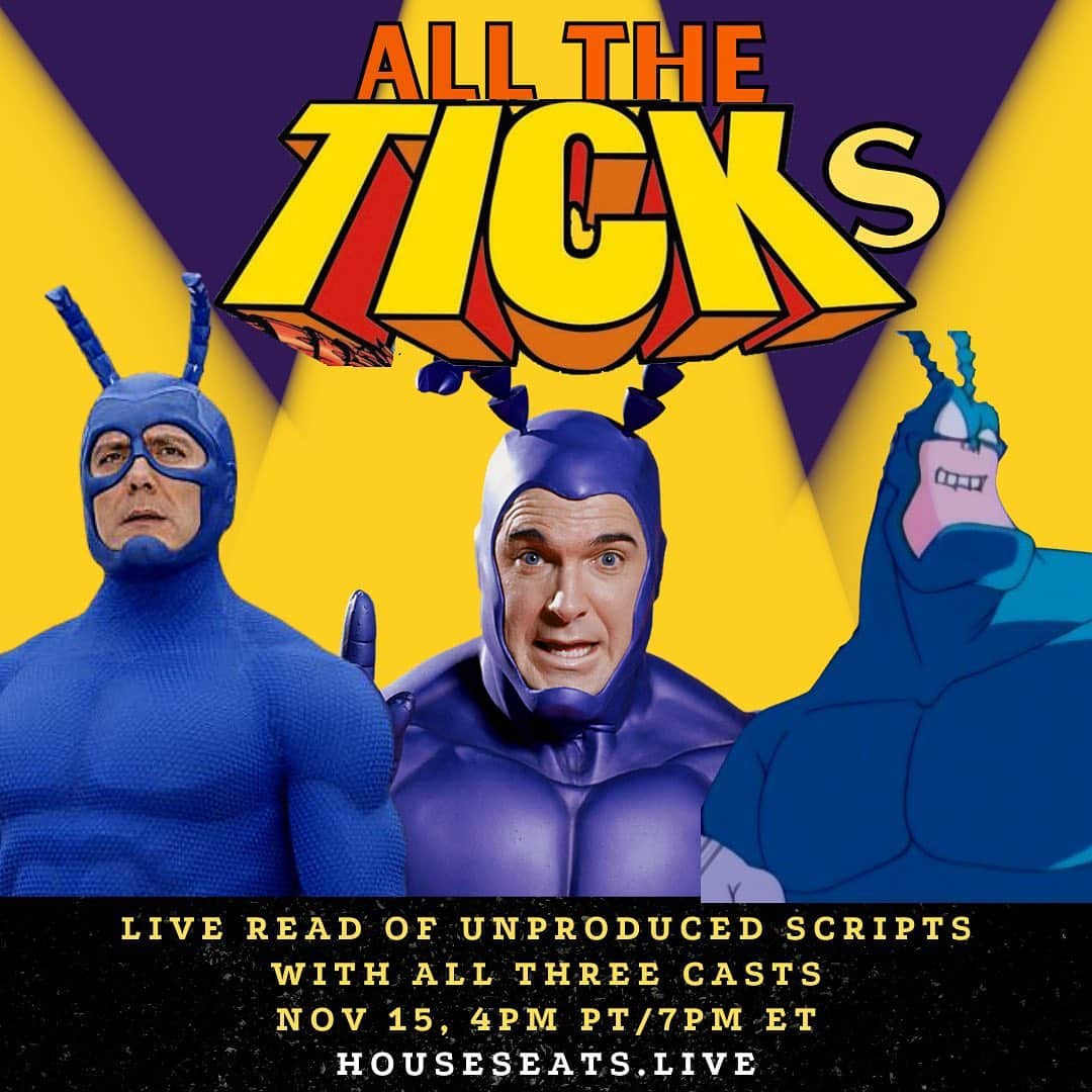 ブレンダン・ハインズのインスタグラム：「Join us this this Sunday  November 15th: ALL THE TICKS, full casts from all three iterations of The Tick reading unproduced Tick scripts by Tick creator Ben Edlund to benefit food banks all over the U.S. #thetick  Get tickets at houseseats.live #alltheticks」