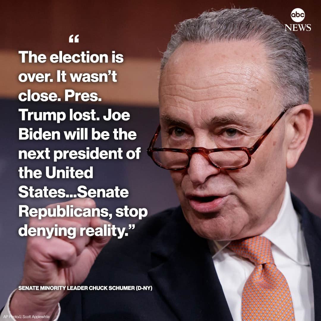 ABC Newsさんのインスタグラム写真 - (ABC NewsInstagram)「NEW: Sen. Chuck Schumer: "The election is over. It wasn't close. Pres. Trump lost. Joe Biden will be the next president of the United States."⁠ ⁠ "Senate Republicans, stop denying reality." #chuckschumer #democrats #republicans #election2020 #donaldtrump⁠ ⁠ Get the latest election and transition headlines at LINK IN BIO.」11月13日 0時48分 - abcnews