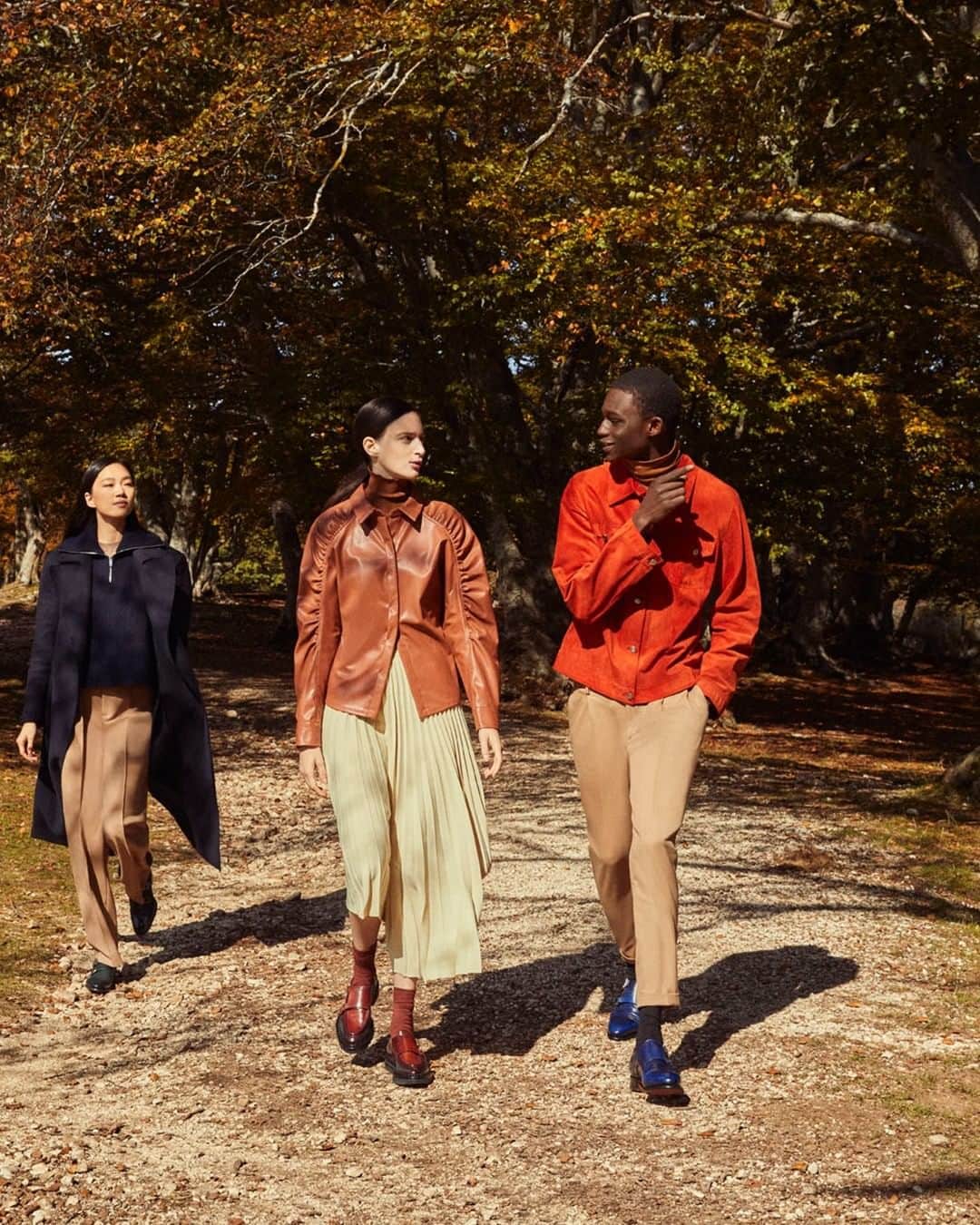 サントーニのインスタグラム：「An Autumn Walk is set in Le Marche, home to Santoni. This woodland area offers the most diffused and beautiful spaces and a vast array of beech trees.The sun beams filter faintly through the thick foliage to create an eye capturing diffusion of yellows, oranges, and reds. This territory is where everything starts, it is the land and its colours that continue to inspire Santoni collections.   Creative direction: @socialriseofficial  Photography: @andymassaccesi  Styling: @alessiavanini   #Santoni #SantoniFW20 #MadeinSantoni」