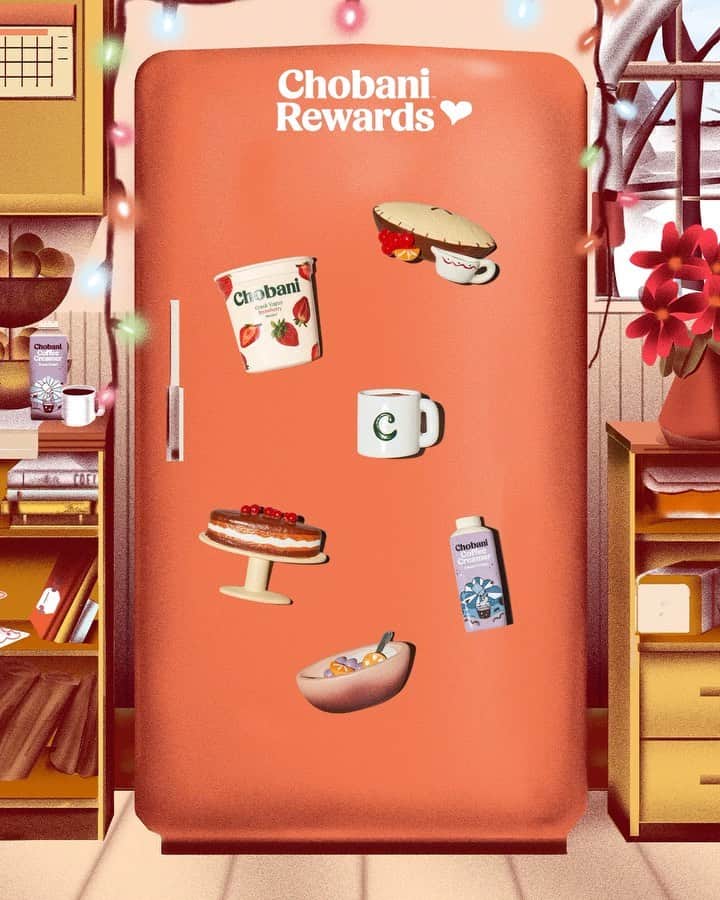 Chobaniのインスタグラム：「How festive is your fridge? Shop your favorite Chobani 32oz yogurt or Coffee Creamer and earn our coolest reward—limited edition, good-enough-to-eat Chobani fridge magnets ❄️ Link in bio to learn more.」