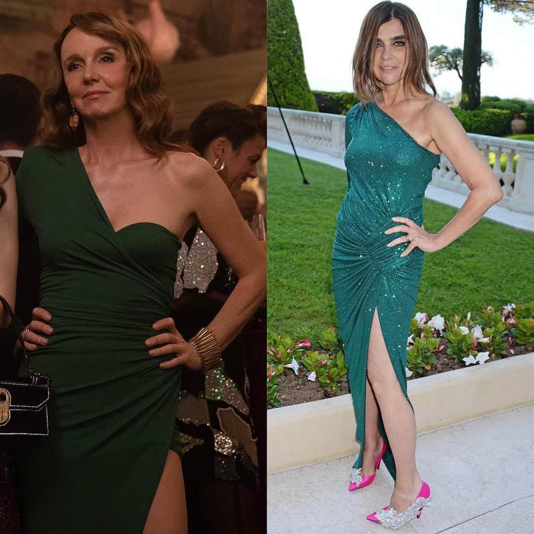 カリーヌ・ロワトフェルドのインスタグラム：「Who wore it best? 👀 I had a bit of déjà vu while watching Sylvie in @emilyinparis and loved it! Congrats @lilyjcollins and the team on returning for a second season! 💕」
