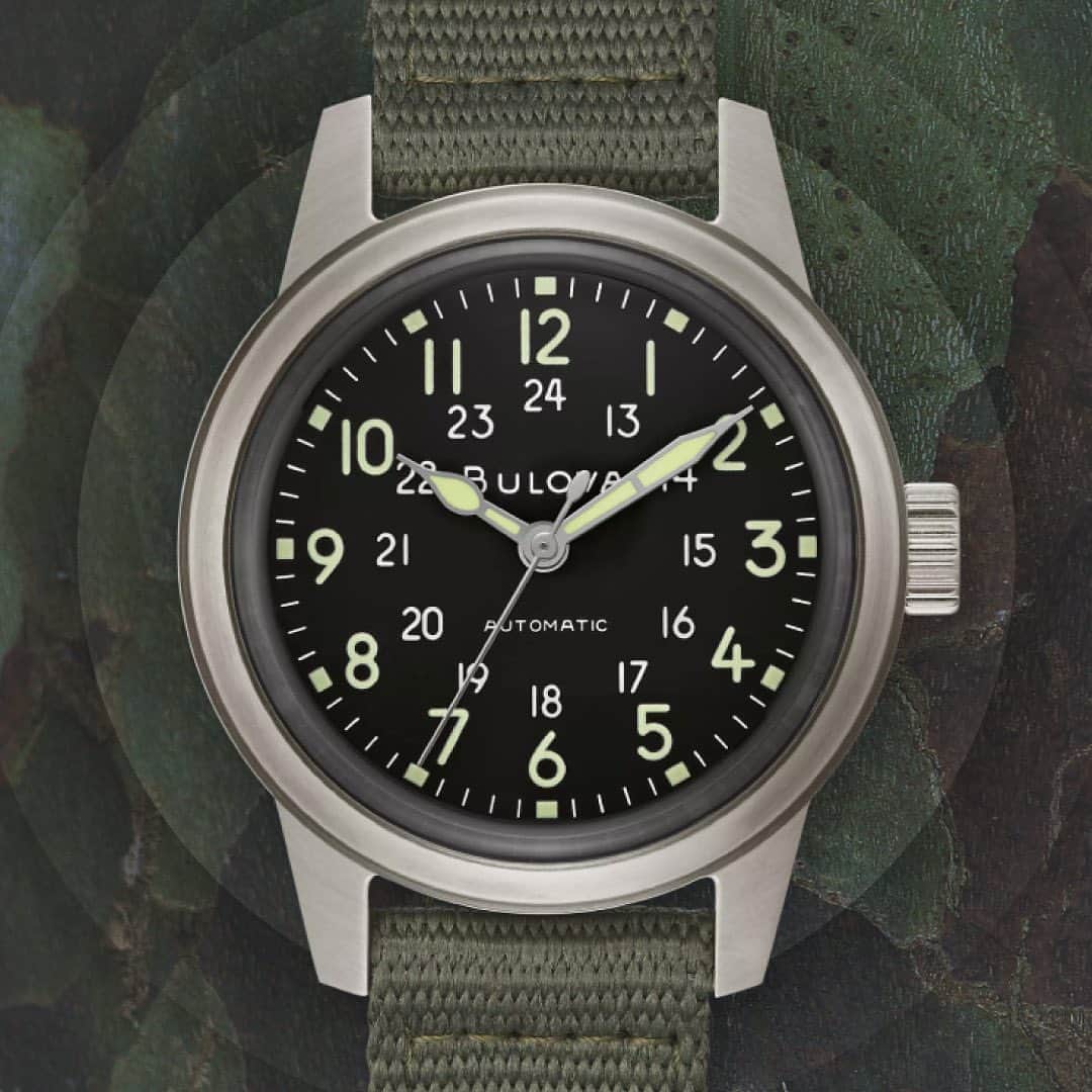 のインスタグラム：「The HACK watch commemorates Bulova’s military contributions when the original HACK was issued to the U.S. Military during WWII. This updated Veterans Watchmaker Initiative (VWI) edition features a 21-jewel movement and a green nylon strap, with a portion of the proceeds of each sale donated to the VWI; plus current and past military personnel receive a special discount. #Bulova — ⏱: 96A259 MSRP: $396.00 USD CASE: ø 38 mm」