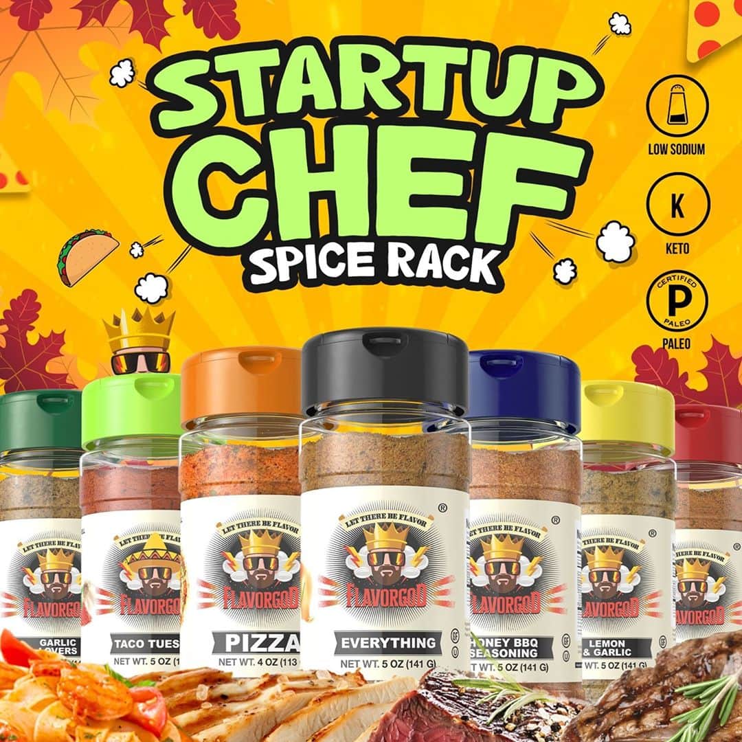 Flavorgod Seasoningsさんのインスタグラム写真 - (Flavorgod SeasoningsInstagram)「New to Flavor God? Start with our "Startup Chef Spice Rack"⁠ -⁠ Seasonings Included:⁠ Everything Seasoning🤘⁠ Garlic Lovers Seasoning🧄⁠ Taco Tuesday Seasoning🌮⁠ Lemon & Garlic Seasoning🍋⁠ Pizza Seasoning🍕⁠ Spicy Everything Seasoning🔥⁠ Honey BBQ Seasoning🍯⁠ -⁠ Add delicious flavors to your meals!⬇️⁠ Click link in the bio -> @flavorgod  www.flavorgod.com⁠ -⁠ Flavor God Seasonings are:⁠ ➡ZERO CALORIES PER SERVING⁠ ➡MADE FRESH⁠ ➡MADE LOCALLY IN US⁠ ➡FREE GIFTS AT CHECKOUT⁠ ➡GLUTEN FREE⁠ ➡#PALEO & #KETO FRIENDLY⁠ -⁠ #food #foodie #flavorgod #seasonings #glutenfree #mealprep #seasonings #breakfast #lunch #dinner #yummy #delicious #foodporn」11月13日 4時02分 - flavorgod