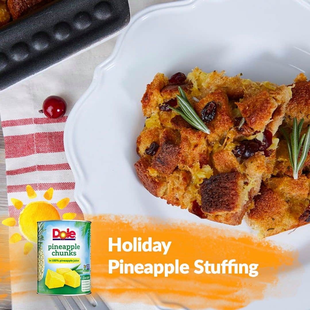 Dole Packaged Foods（ドール）のインスタグラム：「Can you believe the holiday season is here? Let us help you plan your holiday meals, follow us for more easy and delicious holiday recipes.   INGREDIENTS 1/2 cup butter 1 can (8 oz.) DOLE® Crushed Pineapple, drained 1/2 cup dried cranberries 4 eggs 1-1/4 teaspoons fresh rosemary, finely chopped 1/2 cup sugar 7 slices whole-wheat bread  DIRECTIONS 1. Preheat oven to 350°F.  2. Coat 9-inch square baking dish with cooking spray.  3. Cream butter and sugar, in large bowl until light and fluffy.  Beat in eggs, one at a time, until blended.  Stir in crushed pineapple and 1 teaspoon rosemary, until mixed together.  4. Fold in bread and cranberries until coated.  Spoon into prepared baking dish.  Sprinkle with remaining 1/4 teaspoon rosemary.  5. Bake 50 to 60 minutes or until golden brown.」