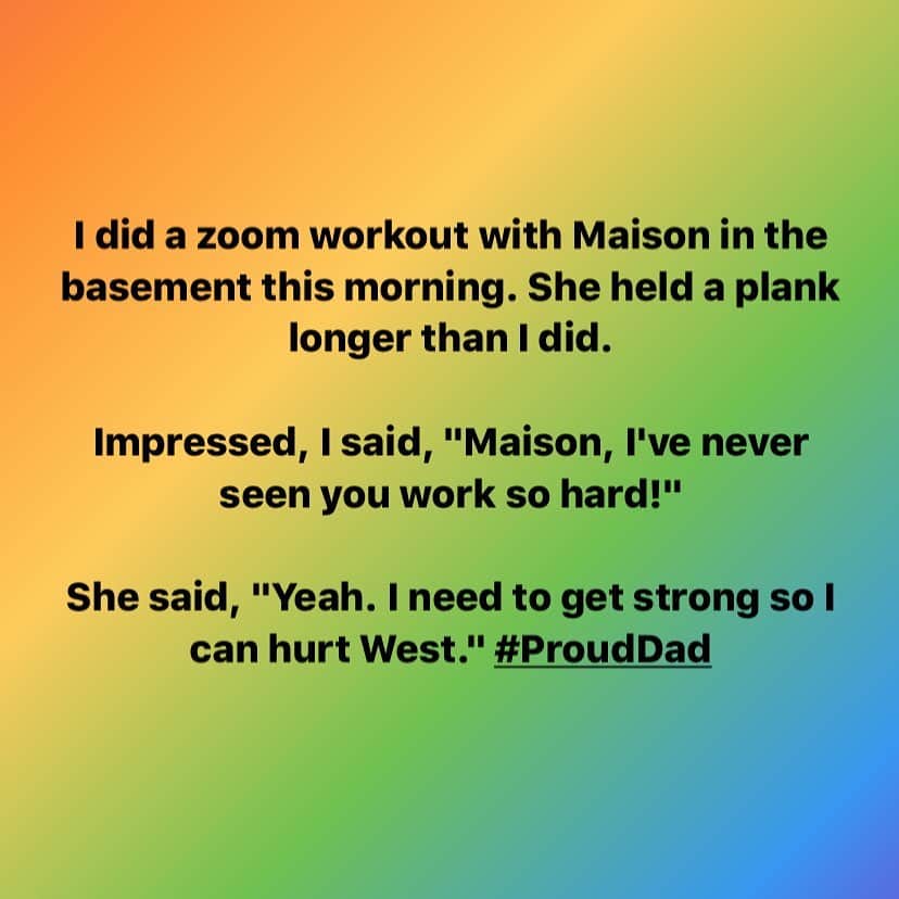 ミーシャ・コリンズさんのインスタグラム写真 - (ミーシャ・コリンズInstagram)「I did a Zoom workout with Maison in the basement this morning. She held a plank longer than I did.   Impressed, I said, "Maison, I've never seen you work so hard!"   She said, "Yeah. I need to get strong so I can hurt West." #ProudDad」11月13日 5時14分 - misha