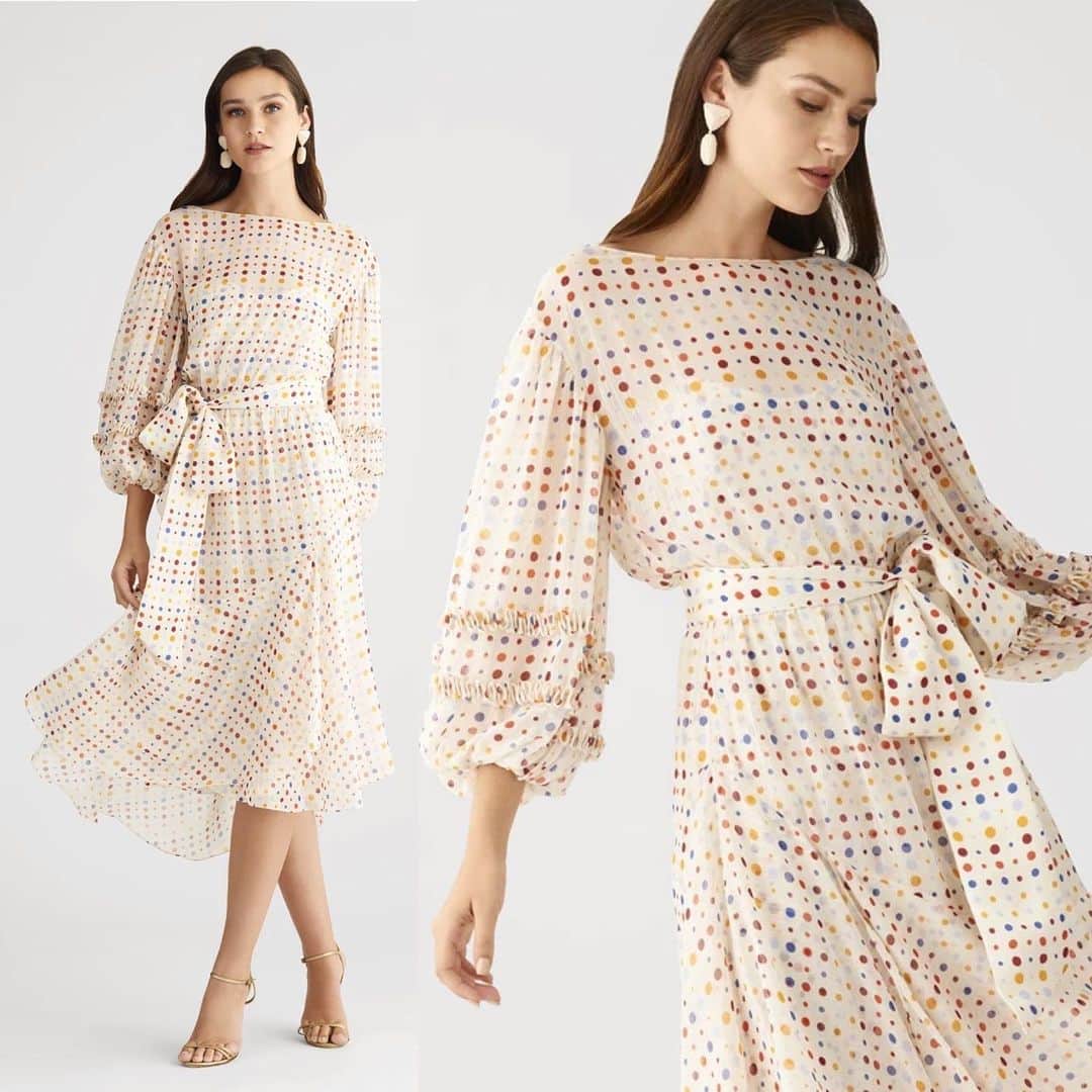 サッチン+バビさんのインスタグラム写真 - (サッチン+バビInstagram)「Whimsical and wonderful, the Emma dress is special. The polka-dot print is reimagined in soft primary colors on a backdrop of ivory and then lit with delicate strands of lurex. At the soft balloon sleeves, double-ruffle details create subtle interest and an asymmetric hem and self-sash complete this singular silhouette. #sachinandbabi, #celebrate,#ocassiondress, #daydress, #holidaystyle」11月13日 5時22分 - sachinandbabi