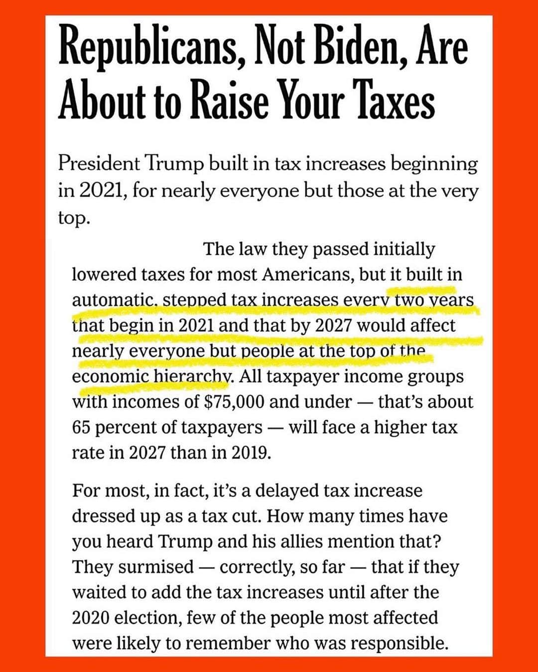 コンスタンス・マリーさんのインスタグラム写真 - (コンスタンス・マリーInstagram)「THIS!!! Was wondering when people would start to shine a light on this issue.  Ex-President trump has kicked punted the long term impacts of his massive tax cuts for the rich.... and we’re all about to get bit!  #Repost @aimeecarrero ・・・ Your taxes ARE about to go up, but, not because of Biden. I screamed about this when Trump proposed his tax plan in 2017. Most people didn’t care because it meant an immediate tax decrease. But now, in the middle of a global pandemic, our economy in shambles, your taxes are about to increase thanks to a built-in, automatic Trump tax hike dressed up as a tax cut. Source: NYTimes Op-Ed. If you want to read the full article, you can find a swipe up link on my “resources 2” highlight.」11月13日 6時18分 - goconstance