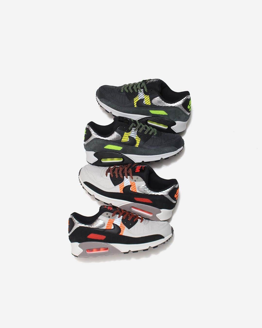 A+Sのインスタグラム：「2020. 11. 16 (mon) in store  ■NIKE AIR MAX 90 3M COLOR : LIGHT BONE / ANTHRACITE SIZE : 26.0cm - 29.0cm PRICE : ¥11,000 (+TAX)  他のどのシューズよりも軽やかで快適な、定評のあるアイテム。ナイキ エア マックス 90は、アイコニックなワッフルソール、ステッチを施したオーバーレイ、クラシックなTPUアクセントで、オリジナルモデルのルーツを忠実に体現。 斬新な3M™のディテールにはSCOTCHLITE™とTHINSULATE™を使用。MAX AIRクッショニングの快適な履き心地に、足を踏み込むたびに暖かさと光沢をプラスされ、モダンなスタイルにアップデート。   A well-established item that is lighter and more comfortable than any other shoe. The Nike Air Max 90 faithfully embodies the roots of the original model with its iconic waffle sole, stitched overlays and classic TPU accents. Innovative 3M ™ details use SCOTCHLITE ™ and THINSULATE ™. MAX AIR cushioning is comfortable to wear, with warmth and luster added every time you step on it, updating it to a modern style.  #a_and_s #NIKE #NIKEAIRMAX #NIKEAIRMAX90 #NIKEAIRMAX903M #3M」
