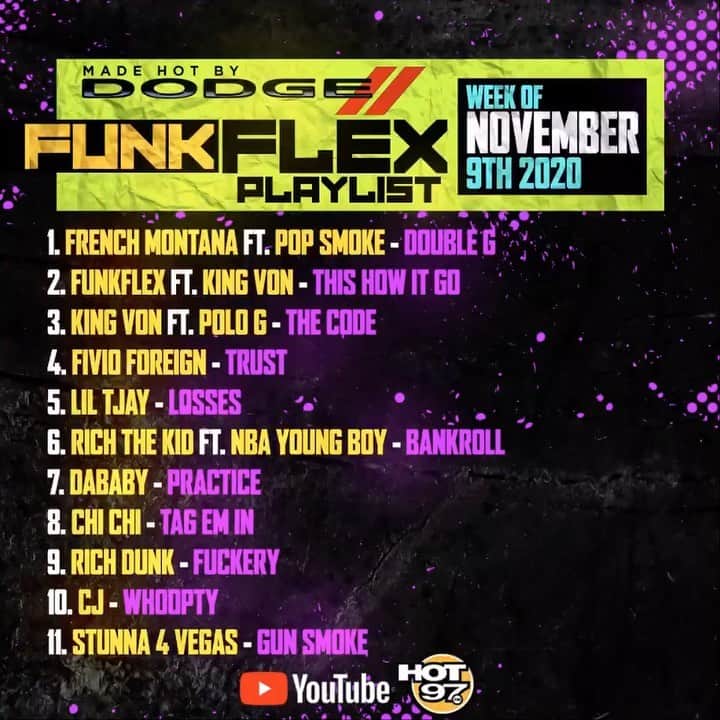 ファンクマスター・フレックスのインスタグラム：「Playlist Manager: @wilmajor   1. @FrenchMontana ft. @realPopSmoke - Double G (prod. by @808melo ) @salxo @cashxo  2. @FunkFlex x @kingvonfrmdao - This How It Go (Prod. by @bmcbeats ) @inflexwetrust @markbuol  3 @kingvonfrmdao ft. @polo.capalot - The Code (Prod. by @prodbylc @jtk2bz @1djayo ) @markbuol @Empire 4 @FivioForeign_8fs - Trust (prod. by @axlbeats_1 ) @fsr.management @columbiarecords 5. @LilTJay - Losses (prod. by @prodwoodpecker ) @columbiarecords  6. @richthekid x #nbayoungboy - Bankroll (prod. by @budda_beats_ )  7. @DaBaby - Practice (Prod. by @sean_da_firzt ) @arnoldltaylor @interscope 8. @chichigwapgod_8fs - Tag Em In #8FS 9. @richdunk_lok - Fuckery #billiondollababyent 10. @realcj_ - Whoopty (Prod. by @pxcoyo ) @jamescruz1 @therealdjstacks @iconick69 @mex3media @2tone305  11. @Stunna4Vegas - Gun Smoke (Prod. by @stxnk ) @DaBaby @interscope」