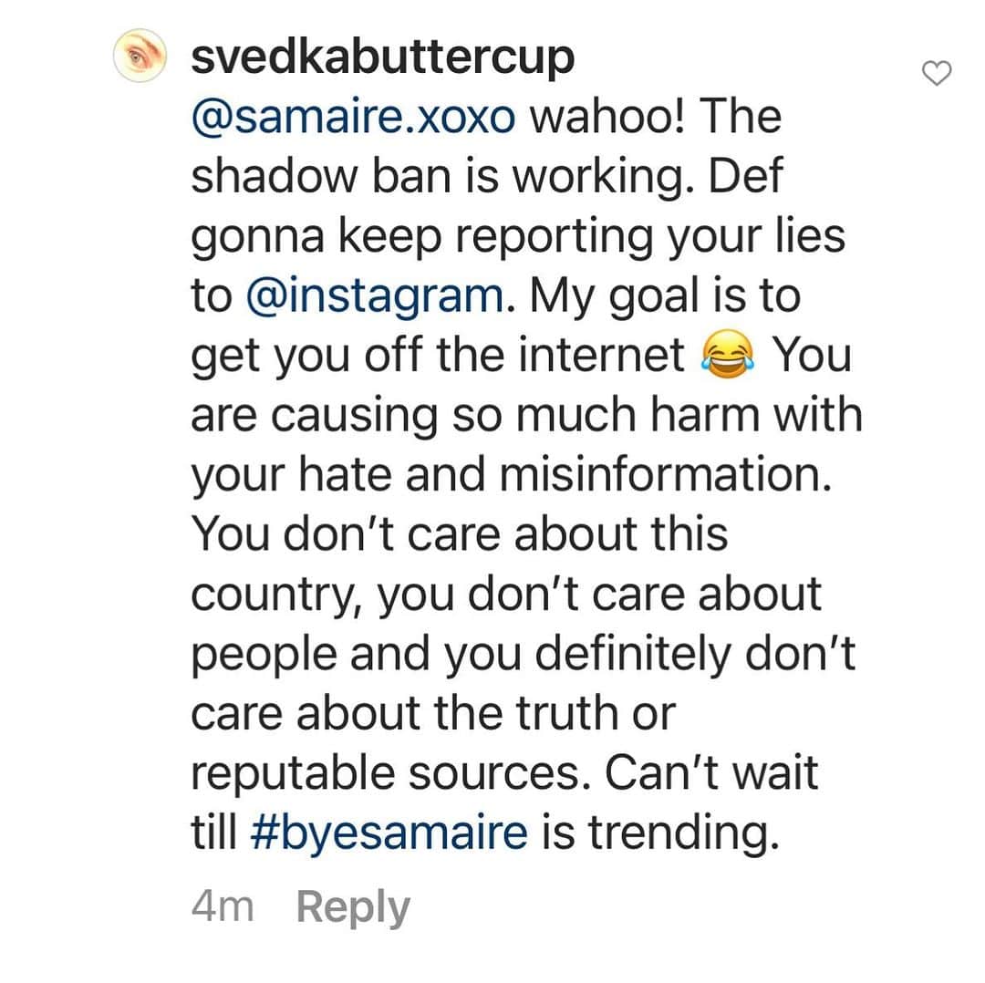 サミーア・アームストロングのインスタグラム：「Guess this explains the shadow ban.  • Thanks Tess!!  • You’re suppressing information and exchange of resources just like the fascists you pretend not be!!  • Congratulations, you are what you claim to fight.  • This is a person I knew 20 years ago. Doesn’t follow me, but insists on sending me information on how I am wrong.  • And now she and others are so upset by what I am speaking about, they are reporting me as misinformation.  • Get a life Tess. Try fighting the real monster, it’s not me.」