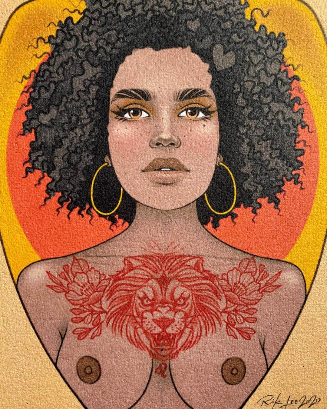 Rik Leeのインスタグラム：「A few more photos of Leo, the most recent piece in my  ongoing zodiac series.  . Fine art prints are listed on my store for anyone interested. Virgo, Libra, Capricorn, Scorpio and Sagittarius prints are on there too. More zodiac babes coming soon! . #riklee #illustration #leo #zodiac #starsign #drawing #art #design #tarot #naturalhair #lion #tattoo」