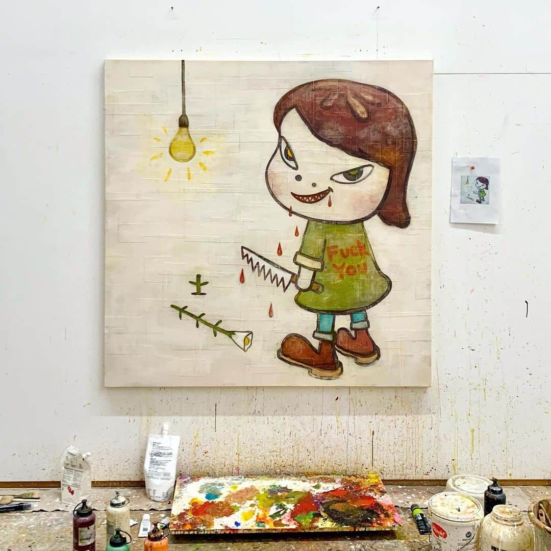 奈良美智のインスタグラム：「“Dead Flower” 2020 remastered. (not for sale)  It’s a kind of remaster of the same title painting from 1994.   I wish, it could evolve like Miffy drawn by Dick Bruna.」