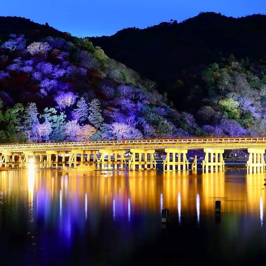 ANAのインスタグラム：「幻想的な灯りに照らされて✨﻿ ﻿ #京都 #嵐山 #桂川 #渡月橋 #嵐山花灯路 #日本の風景 #絶景スポット #次行きたい旅スポット #京都旅行 #嵐山観光 #京都散策 #夜景 #絶景 #ライトアップ #anaタビキブン #kyoto #arashiyama #nightview #autmn #river #bridge #togetsu #japantrip #trip #ana_jp ﻿ ﻿ 旅の思い出は「#anaタビキブン 」をつけて投稿してね💙インスタやANAの各メディアでご紹介していきます📷」