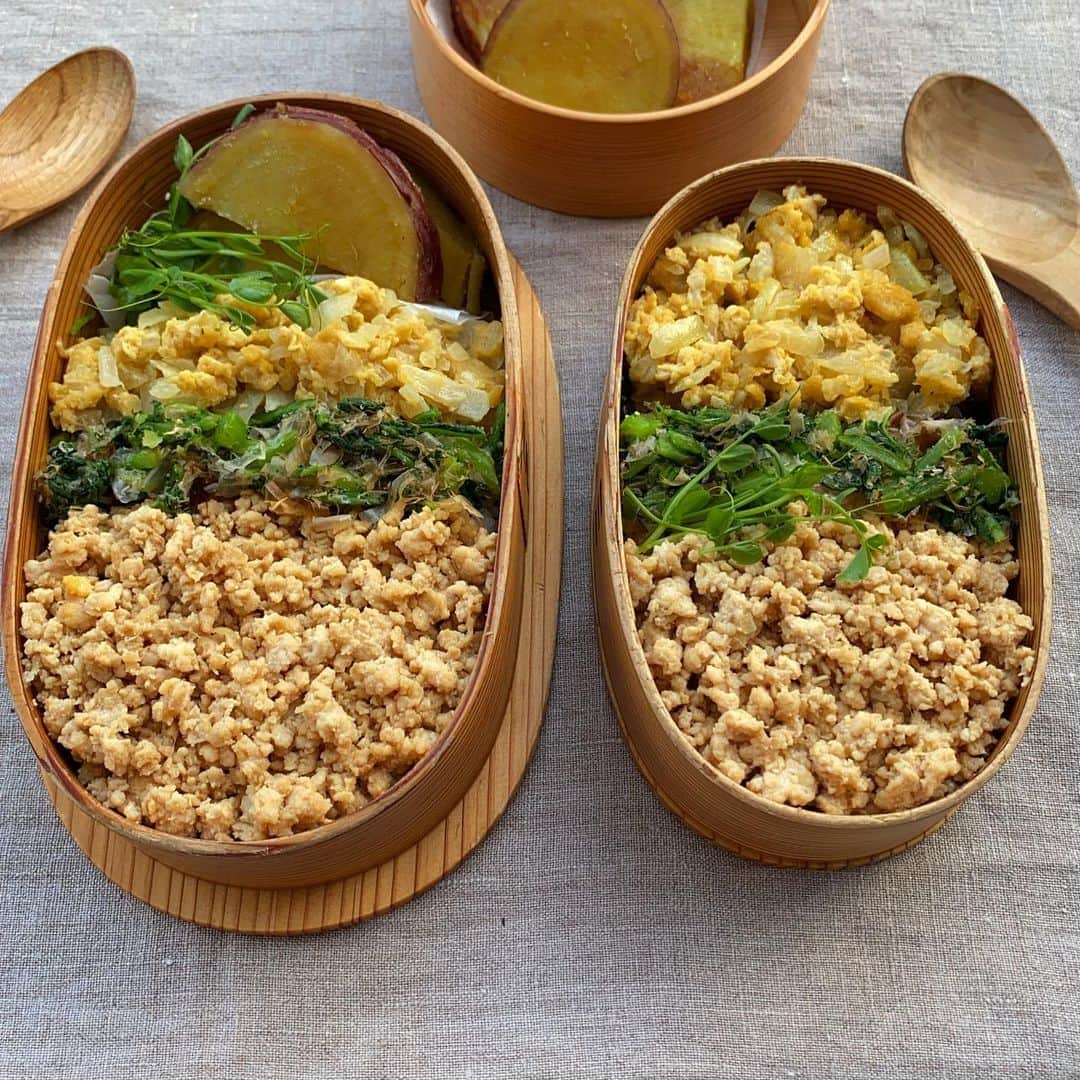 aomojiさんのインスタグラム写真 - (aomojiInstagram)「今日のお弁当  そぼろ弁当 鶏胸肉そぼろ 春菊のお浸しおかか和え 玉ねぎ入り炒り卵 さつま芋煮  2020.11.13晴れ☀️曇り☁️  #お弁当#大人弁当#そぼろ弁当 #夫婦弁当#わっぱ弁当 #日々のこと #obento #japanesefood #foodstagram ＃家庭料理#cooking #onthetable #aomojibento」11月13日 18時03分 - aomoji