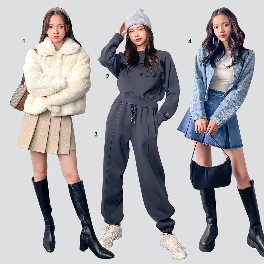 Chuuのインスタグラム：「🎀츄X레이지선데이 데일리룩🎀  어떤 코디가 우리 츄멤님들의 맘에 쏙 들었을까요? 1번~10번 골라주세요😊   1. 페이크퍼 숏 자켓(ivory) 2. 기모 크롭 맨투맨(dark gray) 3. 조거팬츠(dark gray) 4. 무지개 믹스 스웨터(blue rainbow) 5. 스퀘어넥 스웨터(ivory) 6. 후드 맨투맨(ivory) 7. 조거팬츠(ivory) 8. 타이다이 맨투맨(blue) 9. 가오리 숏 다운점퍼(beige) 10. 노르딕 리버시블 다운점퍼(dark navy)  #chuu#츄#레이지선데이#데일리룩#데일리코디#좋아요」
