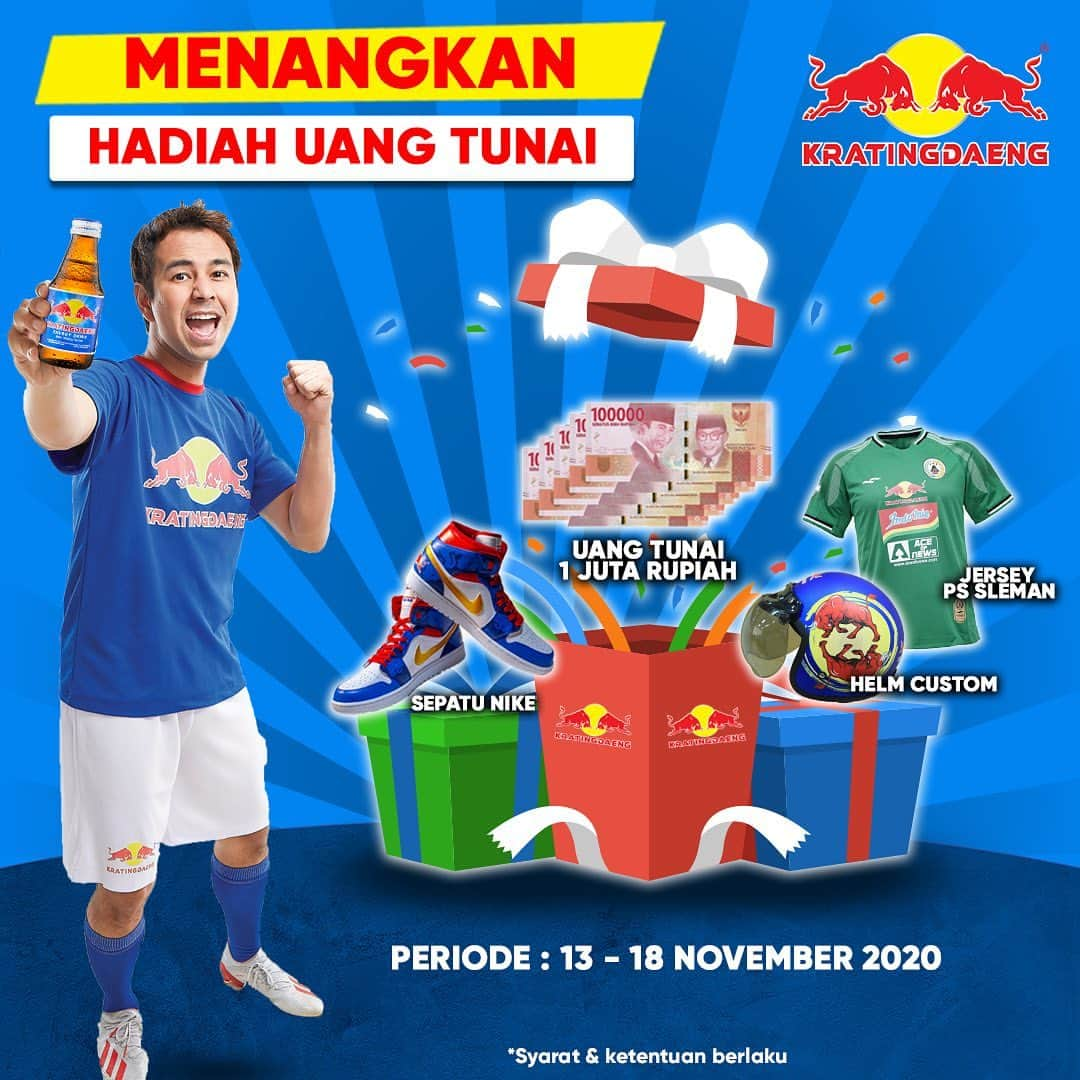 Raffi Ahmadさんのインスタグラム写真 - (Raffi AhmadInstagram)「Guys!!! @mykratingdaeng mau bagi-bagi giveaway lagi nih dengan hadiah2 yang menarik! Ada hadiah uang tunai 1 juta rupiah untuk 2 orang pemenang, ada 1 sepatu Nike Air Jordan, ada 4 Jersey Player PSS Sleman dan terakhir ada 5 helm Retro. Gimana ? mantul banget kan ?   Cara ikutannya gampang banget :   - Follow IG @mykratingdaeng dan subscribe YT Kratingdaeng Indonesia  - Mention 3 orang teman kamu di kolom komentarnya dan sebutkan hadiah apa yg kalian mau  - Dan like postingannya - Pemenang akan di umumkan d IG Story Kratingdaeng tgl 19 - 21 November 2020  Ayo buruan ikutan guys!!!!  #Kratingdaeng #TheRealEnergyDrink #GiveawayKratingdaeng #Giveaway #NikeAirJordan #PSSSleman #HelmRetro #RaffiAhmad #Ransentertainment #RaffiNagita」11月13日 19時08分 - raffinagita1717