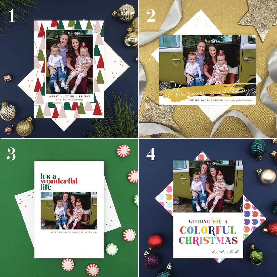 カーリー・パターソンのインスタグラム：「Help me choose our Christmas cards! 🎄My friends @stampedpaperco have created the cutest online card collection! I love supporting small businesses this year, and hope you do, too! I’ve been working with @stampedpaperco since we created our wedding invitations and absolutely love working with them! My sister used them, too. 🙌🏼 They have free return address printing though 11/15 so go check them out! Link in bio. #christmascards2020 #christmascardseason #holidaycards」