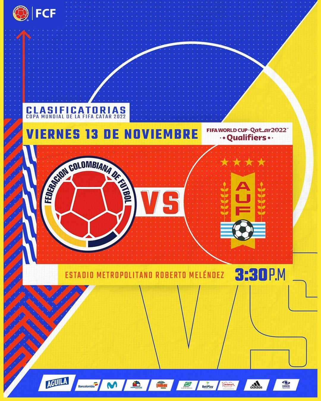 サッカー コロンビア代表チームのインスタグラム：「¡Llegó el día! 🙌  Hoy volvemos a la cancha continuando con nuestro camino hacia la Copa Mundial de la FIFA Catar 2022 🇶🇦  🆚 🇺🇾 @aufoficial  🏆 Clasificatorias Copa Mundial de la FIFA 🕡 3:30 p.m. 🏟Metropolitano 📺 @golcaracol   #VamosColombia🇨🇴」