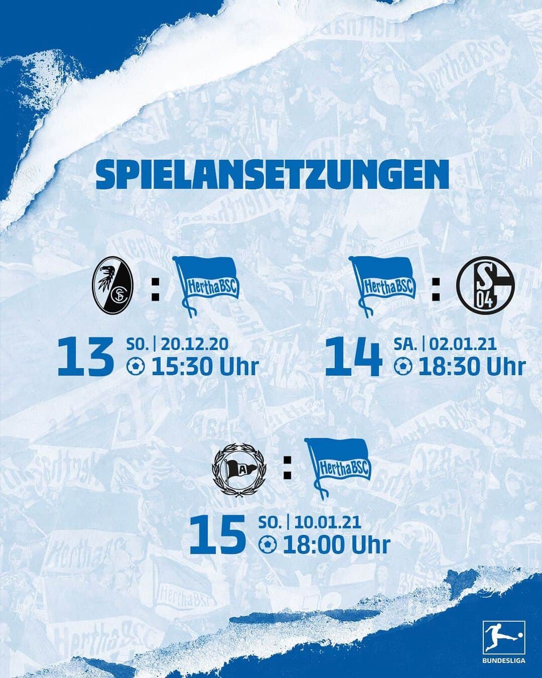 ヘルタ・ベルリンのインスタグラム：「Die DFL die Spieltage 13 bis 15 terminiert. Unsere Jungs treten 2 Mal sonntags auswärts in Freiburg und Bielefeld an und einmal am Samstagabend gegen Schalke.  . . #bundesliga #spieltage #dfl #fußball #HaHoHe #herthabsc」