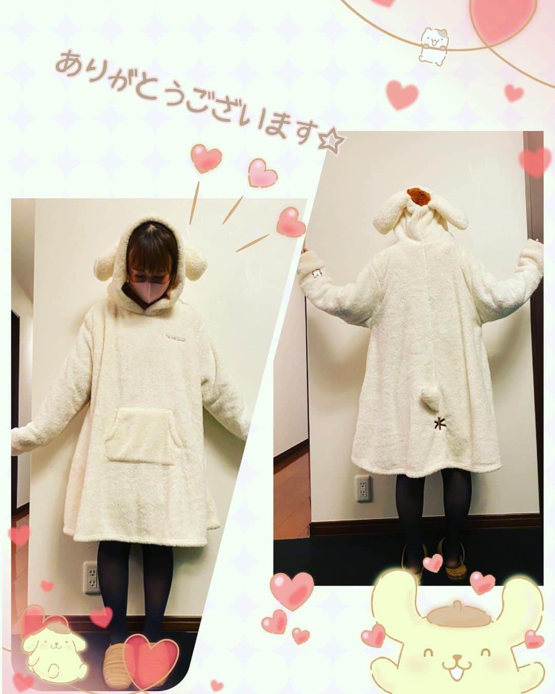 桜咲千依のインスタグラム：「ちょっと前の写真なのですが... ポムポムプリンのルームウェア受け取りました❤ かなりもふもふです✨あったか～い✨ たくさん着るね🍮✨✨ ありがとうございます(*´ω`*)」