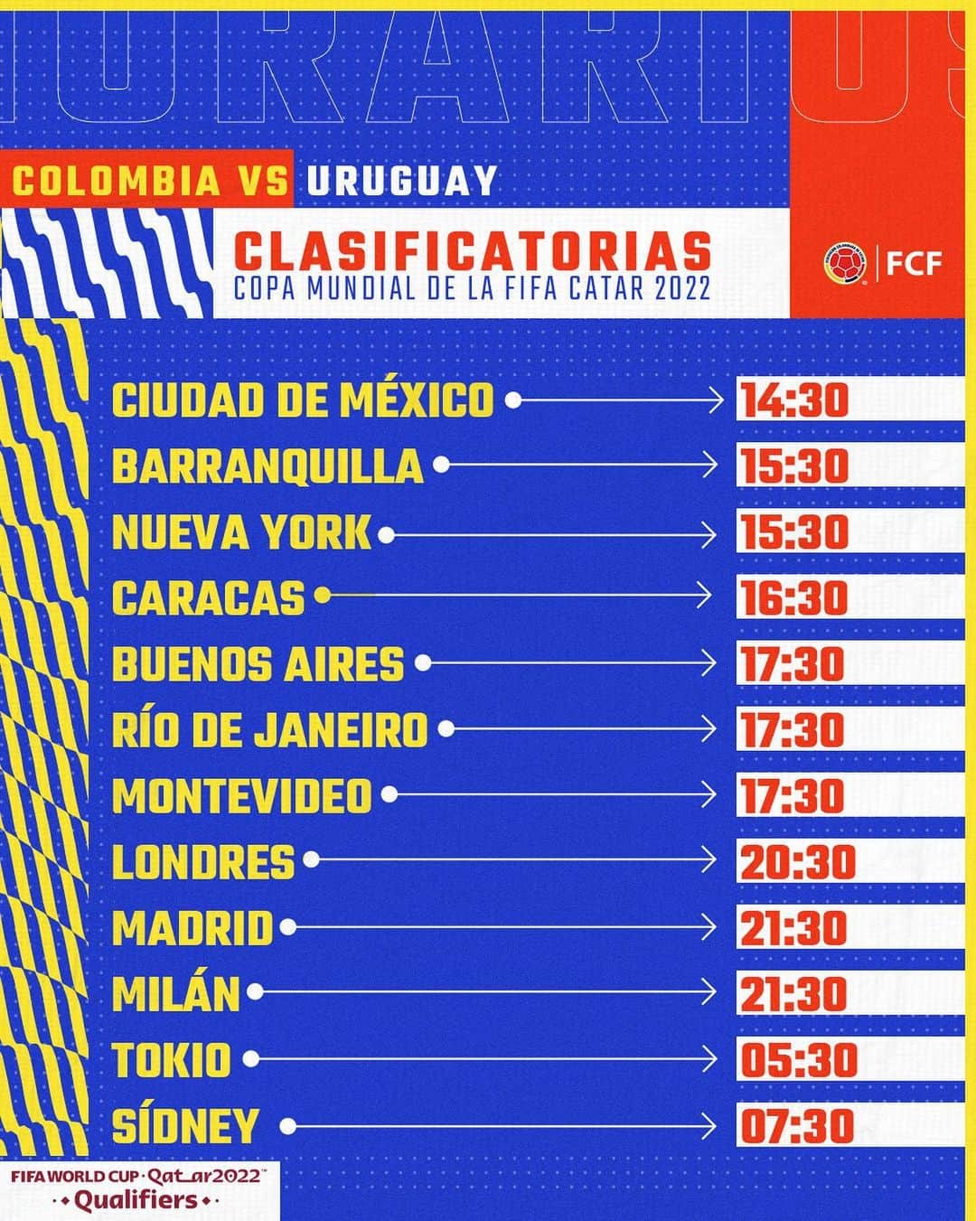 サッカー コロンビア代表チームのインスタグラム：「¿Estás listo? 🗓  Prepárate desde cualquier lugar del mundo para apoyar a la Selección Colombia 🇨🇴 🌎  Estos son los horarios del partido 🆚 🇺🇾 👇🏼  #VamosColombia 🇨🇴」