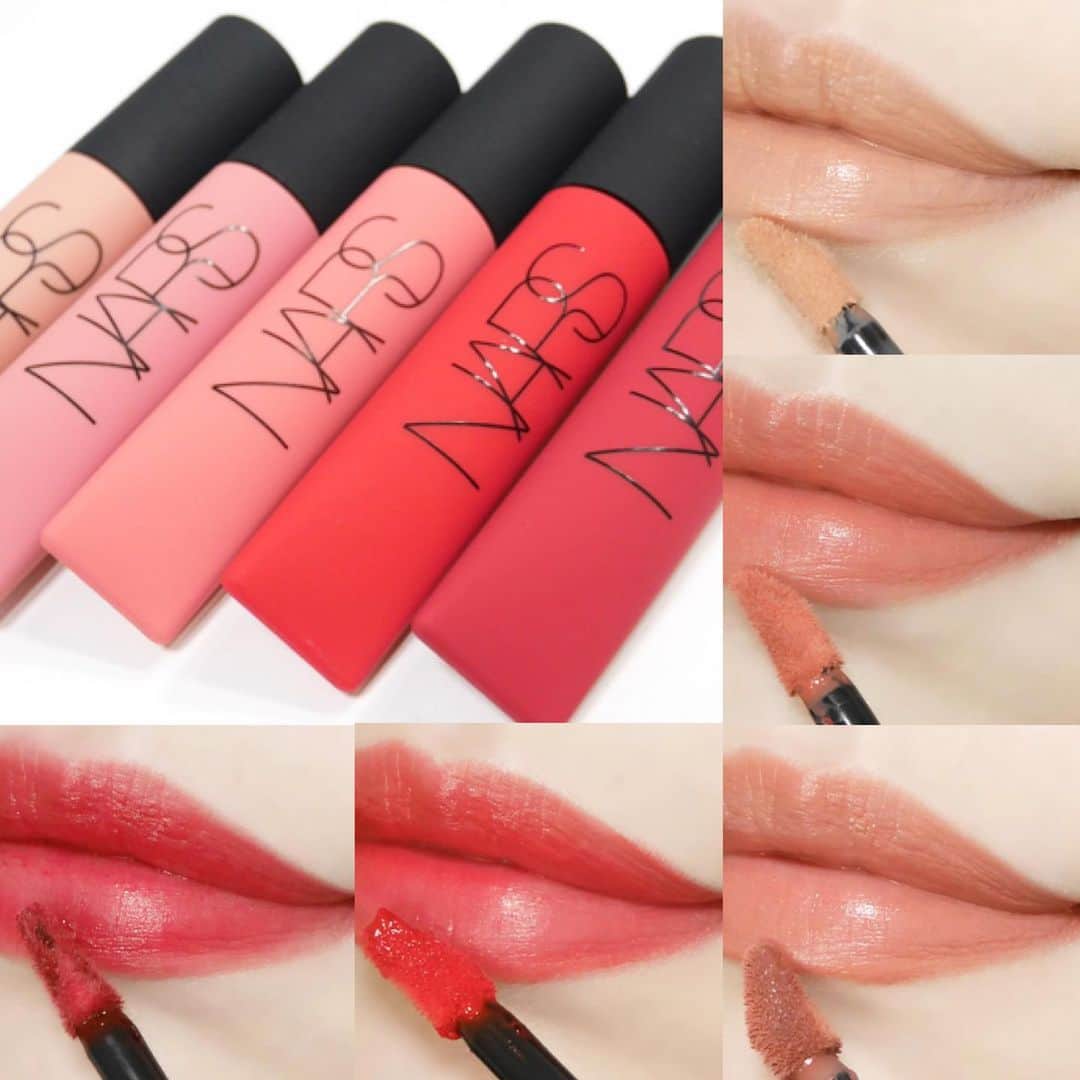 海老原りさのインスタグラム：「🖤NARS エアーマットリップカラー🖤﻿ ﻿ ﻿ ﻿ こんばんは☺️﻿ ﻿ 11月13日に発売された﻿ SNSで話題のNARSのリップを﻿ 私も早速試したのでレビュー✍🏻✨﻿ ﻿ ✔︎NARS﻿ エアーマット リップカラー ¥3,850(税込)﻿ ‾‾‾‾‾‾‾‾‾‾‾‾‾‾‾‾‾‾‾‾‾‾‾‾‾‾‾‾‾‾‾‾‾‾‾‾‾‾‾‾‾‾‾‾‾‾‾‾‾‾‾﻿ 全10色なんだけど﻿ 私が気に入ったのは、﻿ ・ALL YOURS﻿ ・SHAG﻿ ・JOYRIDE﻿ ・TOTAL DOMINATION﻿ ・POWER TRIP﻿ ﻿ のせると一瞬濃くみえるんだけど﻿ 馴染ませると溶け込んでいく感じ…！﻿ ﻿ サラサラ〜としていて﻿ スルっと簡単にスライド塗りが出来る◎﻿ ﻿ 軽くてエアリーな使用感が特徴で﻿ つけていないようなふんわり仕上げ☺️﻿ ﻿ 塗ったままのカラーを楽しむというよりは﻿ 軽くティッシュオフしてふわっと馴染ませて﻿ 自分の唇の色と合わさった仕上がりを﻿ 楽しむリップとして使うと良さそう〜💋﻿ ﻿ ALL YOURSは絶対欲しいと思っていた﻿ MLBBカラーで使い回しもききそうな1本。﻿  SHAGは顔色がよく見える王道ピンクで﻿ 適度に華やかで上品だし万能なかわいさ！﻿ (先行発売された韓国では﻿ SHAGは一時完売したらしいよ👂🏻🤚🏻﻿) ﻿ スタッフさんおすすめカラーはTHRUSTらしくて﻿ 私のお気に入りは程良く華やかなJOYRIDEかな🥰 ﻿ チップ自体は小さめなつくりで﻿ 適度な角度と程良い固さがあって﻿ 輪郭もとりやすいのもポイント◎✨﻿ ﻿ ティッシュオフすると﻿ マスクにもつきにくくて良かった😷﻿ ﻿ 落ちにくいわけではないんだけれど﻿ 落ちても綺麗だったのが印象的だった🤚🏻✨﻿ ﻿ 是非チェックしてみてね〜🥺💕﻿ ﻿ ﻿ ﻿ @narsissist  #エアーマットリップカラー#NARS#ナーズ#マットリップ#リップレビュー#コスメスウォッチ#NARScosmetics#airmattelipcolor#mattelip」