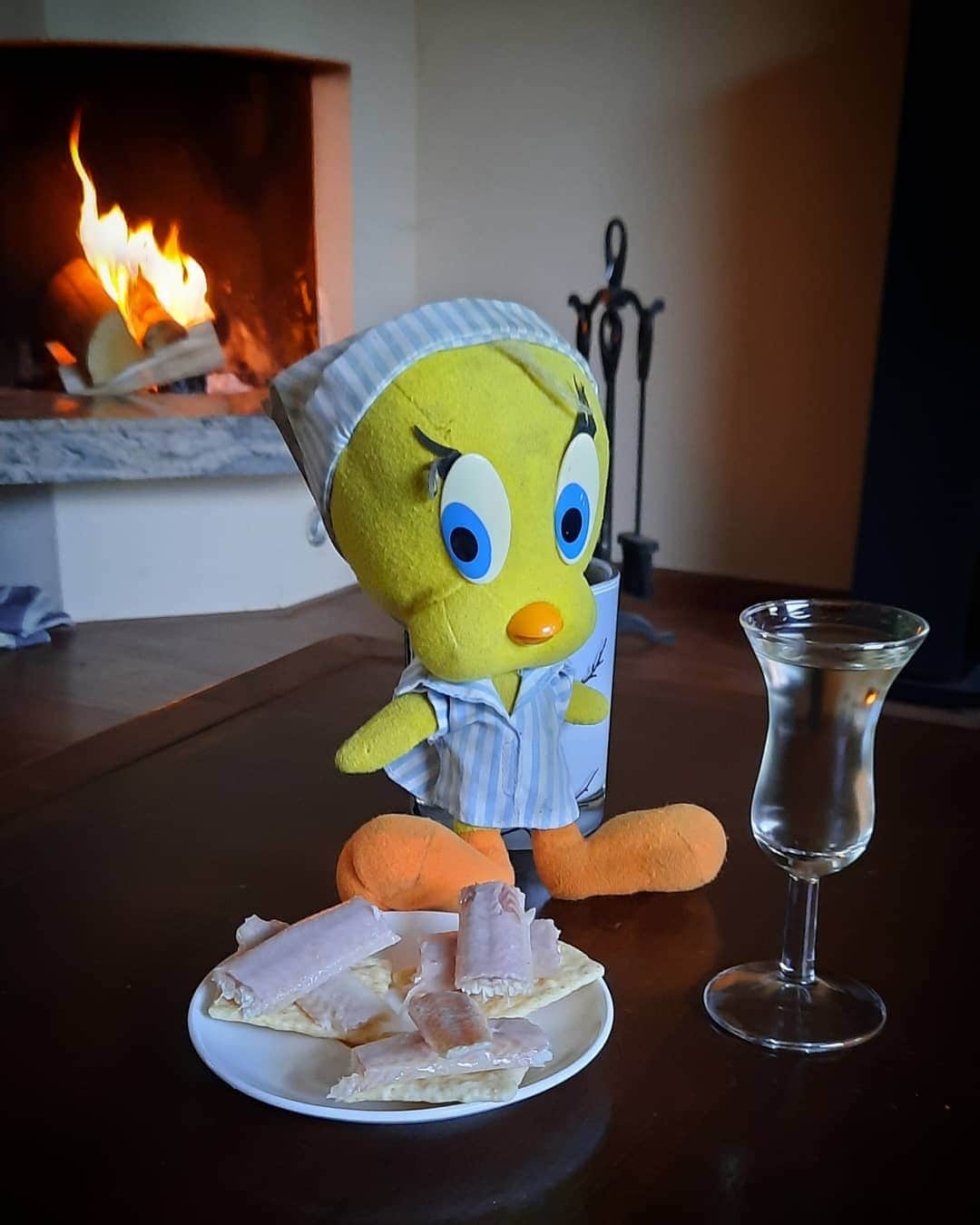 Little Yellow Birdさんのインスタグラム写真 - (Little Yellow BirdInstagram)「Smoked eel on toast...now that's what I call Happy hour! #littleyellowbird #tweety #tweetykweelapis #adventures #yellow #bird #weekend #friday #tgif #happyhour #smokedeel #paling #gerooktepaling #jenever #bols #stuffedanimalsofinstagram #plushiesofinstagram」11月14日 0時01分 - tweetykweelapis