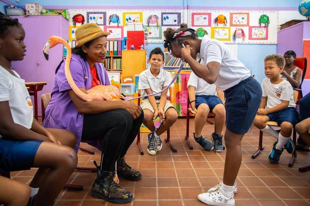 thephotosocietyさんのインスタグラム写真 - (thephotosocietyInstagram)「Photo by @jasperdoest / Rihantely Niles, then eight, listens to Flamingo Bob’s heartbeat at a school in Curaçao. The island’s American flamingos often are harmed by plastic pollution and discarded fishing gear, a topic that my cousin Odette, holding the former rescue flamingo that couldn’t be released, addresses in her educational talks. Now more than ever, it is essential to teach children about wildlife conservation. Turns out Bob's the best teacher—all the kids love him. When the flamingo starts flapping his wings, children start to flap their arms, and so do grown-ups. They are mesmerized by his beauty.」11月14日 0時45分 - thephotosociety