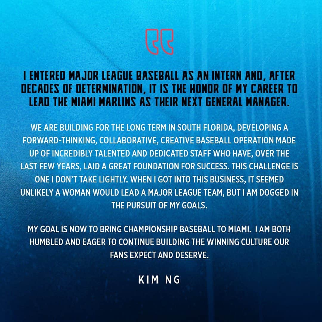 マイアミ・マーリンズさんのインスタグラム写真 - (マイアミ・マーリンズInstagram)「Making history by bringing a lifetime of excellence, Kim Ng steps to the helm as GM. #JuntosMiami」11月14日 0時49分 - marlins