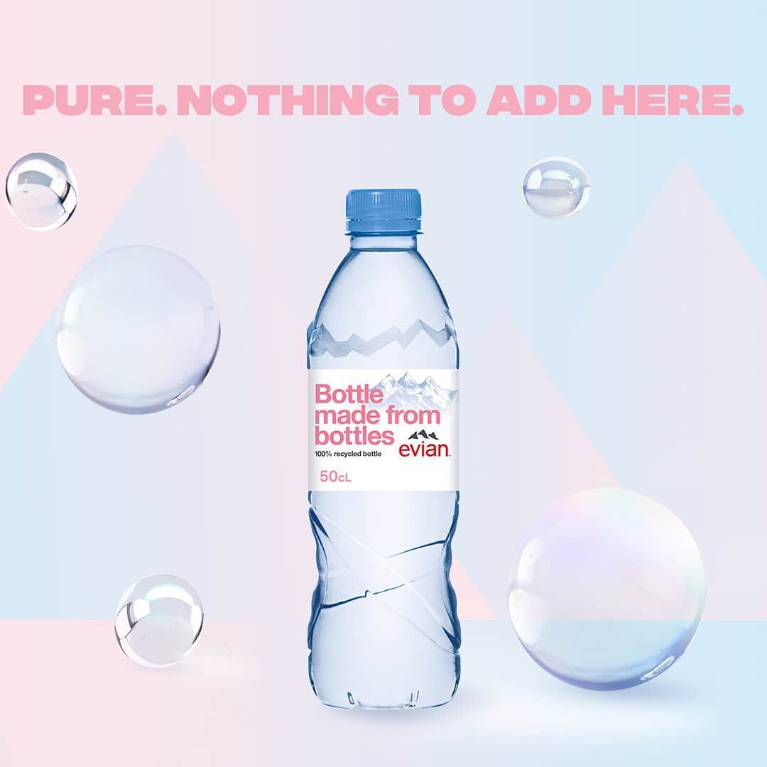 evianのインスタグラム：「Natural mineral water, brought to you straight from the French Alps in a more sustainable way: a 100% recycled plastic bottle* with a carbon neutral footprint.​  Find out more about our latest range as well as our commitments commitments on evian.com.​ ​ Available in France, Belgium, Germany, Switzerland and the United Kingdom. ​​  *excluding cap and label  #evian #evianwater #positivedrops #stayhydrated #bottlesmadefrombottles」