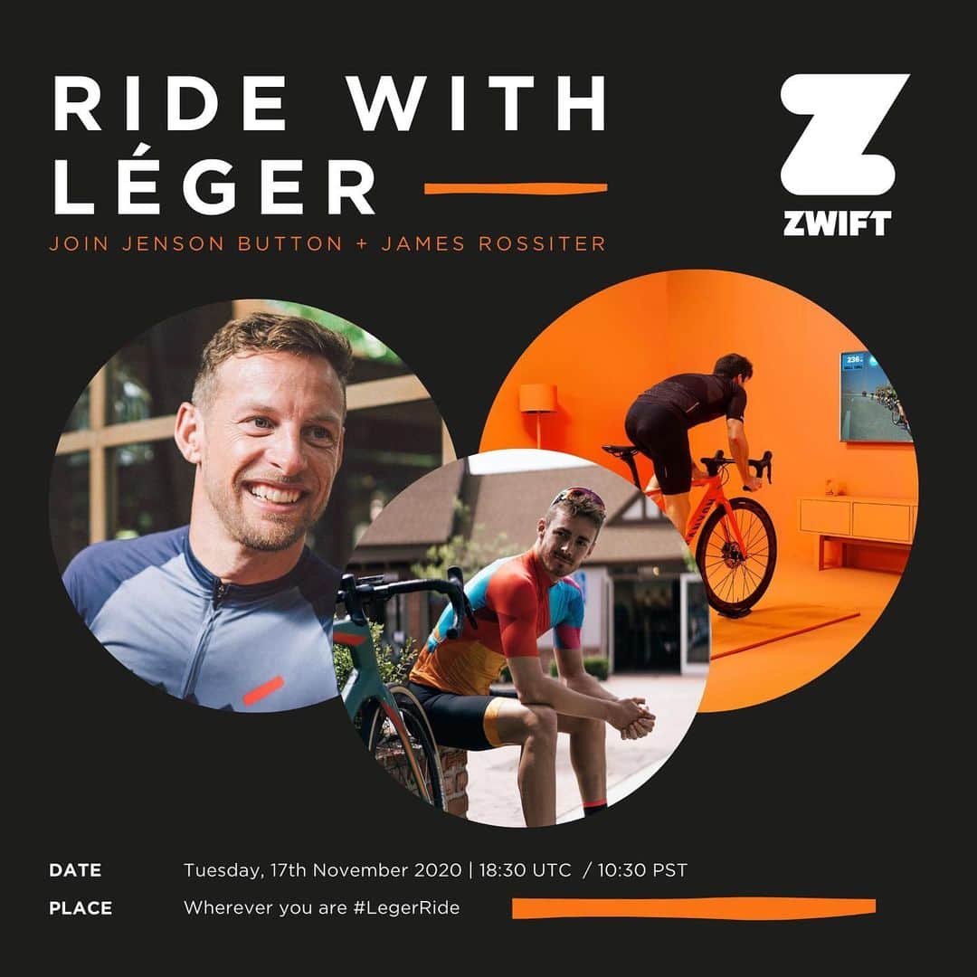 ジェームズ・ロシターのインスタグラム：「Want to cycle with @jensonbutton and myself? Here's your chance!  @leger.la has teamed up with @gozwift for a series of social rides open to EVERYONE, starting next Tuesday, 17th November.  ⏱️ 18:30 UTC / 10:30 PST  Just click the link below or search 'Jenson Button & Léger Social Ride' on your Zwift app to take part with your bike from anywhere in the world. I can't wait to cycle with you all!  http://www.zwift.com/events/view/1233032  #LegerRide #Leger」