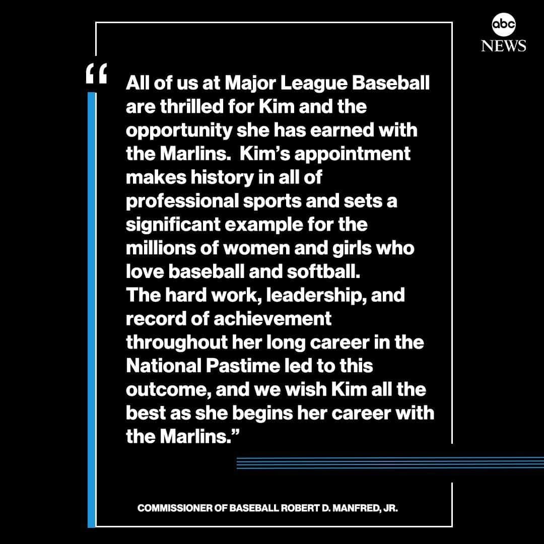 ABC Newsさんのインスタグラム写真 - (ABC NewsInstagram)「“All of us at Major League Baseball are thrilled for Kim and the opportunity she has earned with the Marlins."  Commissioner of Baseball Robert D. Manfred, Jr. issues statement after Kim Ng was named the first female general manager in the sport's history. SEE MORE AT LINK IN BIO.」11月14日 3時40分 - abcnews