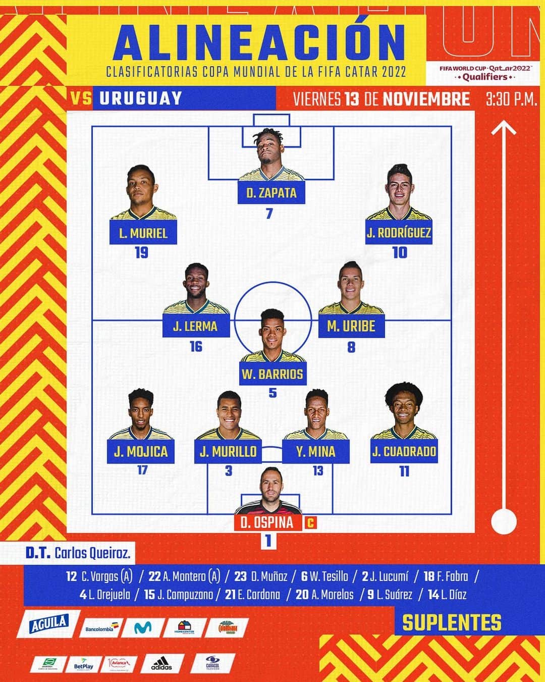 サッカー コロンビア代表チームのインスタグラム：「🚨 ¡ATENCIÓN! este es nuestro 11 inicial con el que enfrentaremos a @aufoficial   ¡Con toda muchachos!  #VamosColombia 🇨🇴 #COLURU」