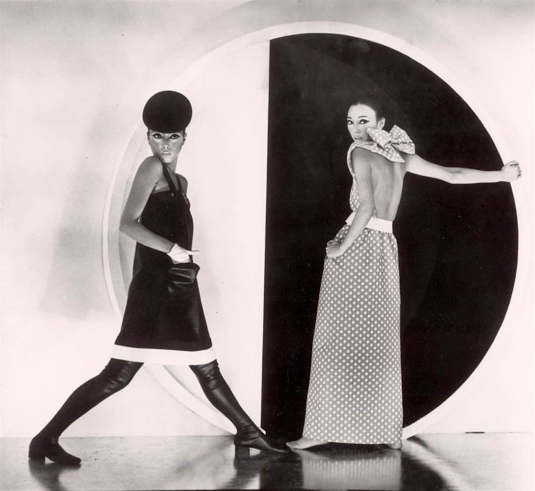 lifeのインスタグラム：「From the March 1, 1968 issue: "Sin May Zao, seen from two angles in two outfits in the circle at left, wears Pierre Cardin's leather late-day dress and a backless, bow-tied evening dress."  This fashion photo, along with nearly 200 rare images from our archive, are currently on display in Paris at Cornette de Saint-Cyr. To learn more about these photos—and to participate in an online auction tomorrow!—tap the link in bio.  #pierrecardin #1960sfashion @ornettedestcyr @bitl_agency #compositephotography」