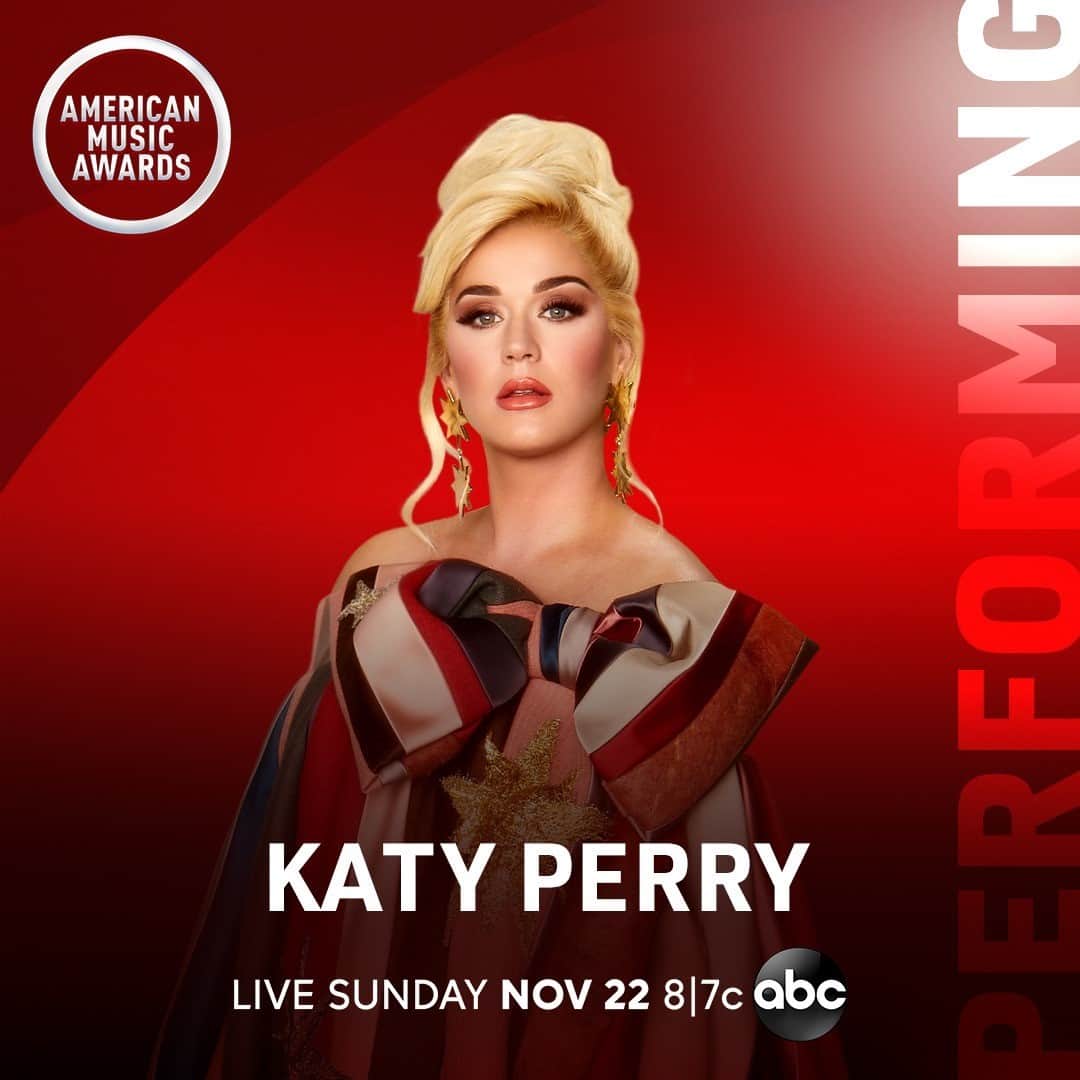 アメリカン・ブロードキャスティング・カンパニーのインスタグラム：「@americanidol’s @katyperry is returning to the #AMAs stage for a world premiere performance of “Only Love”! Don’t miss it live on ABC Nov 22 at 8|7c!」