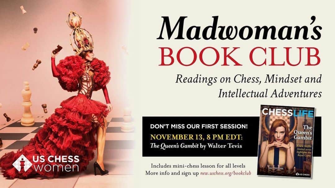 ベス・ベアーズのインスタグラム：「The #Madwomansbookclub is for women to connect over intellectual adventures ! If you loved #thequeensgambit as much as I did and are either learning, want to learn (YES YOU ARE SMART ENOUGH- it's a lifelong study of a game- nothing to be intimidated by! If I can learn you can too 🤣) or already know how to play chess, I highly encourage you to join #Madwomansbookclub with us tonight!!    #Repost @jenshahade ・・・ The madwoman’s book club for women to connect over intellectual adventures. Co-hosted by me and @chesstraveler   Our first session will cover The Queen’s Gambit by Walter Tevis. Its adaptation on @netflix is currently the #1 US show starring @anyataylorjoy as our chess heroine.   Sessions will include a mini chess lesson for all levels, open forum discussion and special guests.   The club name is inspired by the history of the chess queen, once the weakest piece on the board. Around 1500, she became the powerhouse we know now. That game was at first derided as "the madwoman's chess game", but now it is just known as chess.   More details and sign up info in bio link: https://new.uschess.org/news/madwomans-book-club-announced-kick-book-queens-gambit」