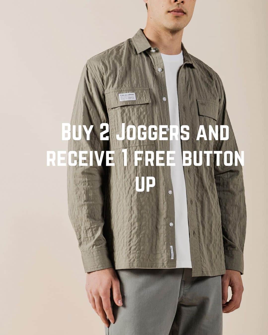 パブリッシュブランドのインスタグラム：「Publish PSA: buy two joggers and receive a free button. Please see below for details.  1. Add two joggers into your cart, add a button-up, and the discount code will apply automatically at checkout. . . . . #publisbrand #todayfortomorrow」