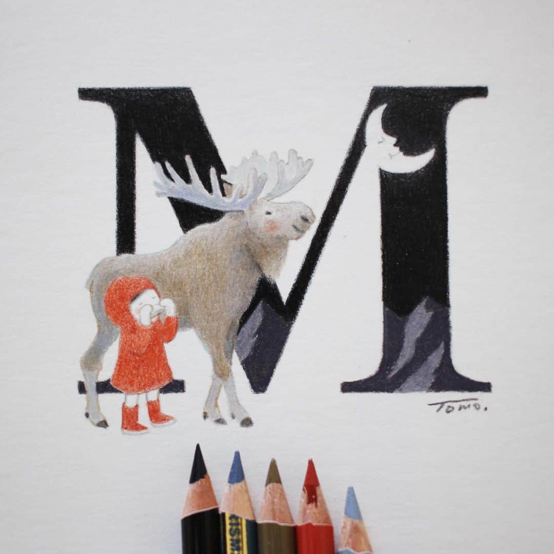 Tomoko Shintaniのインスタグラム：「Letters “M” ⛰🌜🎵 . みかづきさん。 . #letters #moose #moon #mountain #三日月 #music #holbeinartistscoloredpencil #karismacolorpencils . —— ★展示会のお知らせ★  “Letters” tokomo by Tomoko Shintani Drawing Exhibition  日時：11月28日（土）〜12月8日（火） 13:00-19:00　※最終日は17:00まで ★水・木曜日は休廊日です⚠️  場所：hygge -arts&crafts gallery http://www.hygge.cc/ 中目黒駅より徒歩6分  ※コロナ感染対策ご協力のお願い😷 ・入場の際はマスクの着用を必ずお願いします ・体調が優れない方のご来場はお控えください ・3密回避のため入場制限をする場合があります ——」