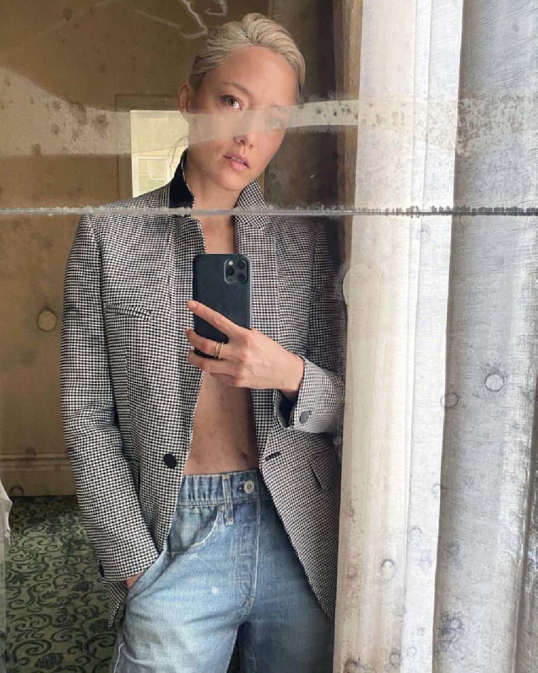ラグ&ボーンのインスタグラム：「This counts as business casual, right? @pom.klementieff wears the Miramar Sweatpant in Glass Hill and the Andre Check Houndstooth Blazer.」