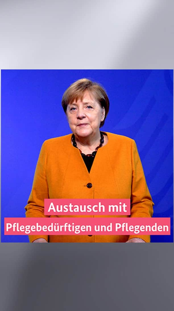 アンゲラ・メルケルのインスタグラム：「Da in der Corona-Pandemie direkte Kontakte seltener sind, freut sich Kanzlerin Merkel auf den virtuellen Austausch mit Bürgerinnen und Bürgern in der Dialogreihe „Die Bundeskanzlerin im Gespräch“. Hier im Podcast geht es um das kommende Gespräch zur Pflege. Ein Thema: Impfen.」