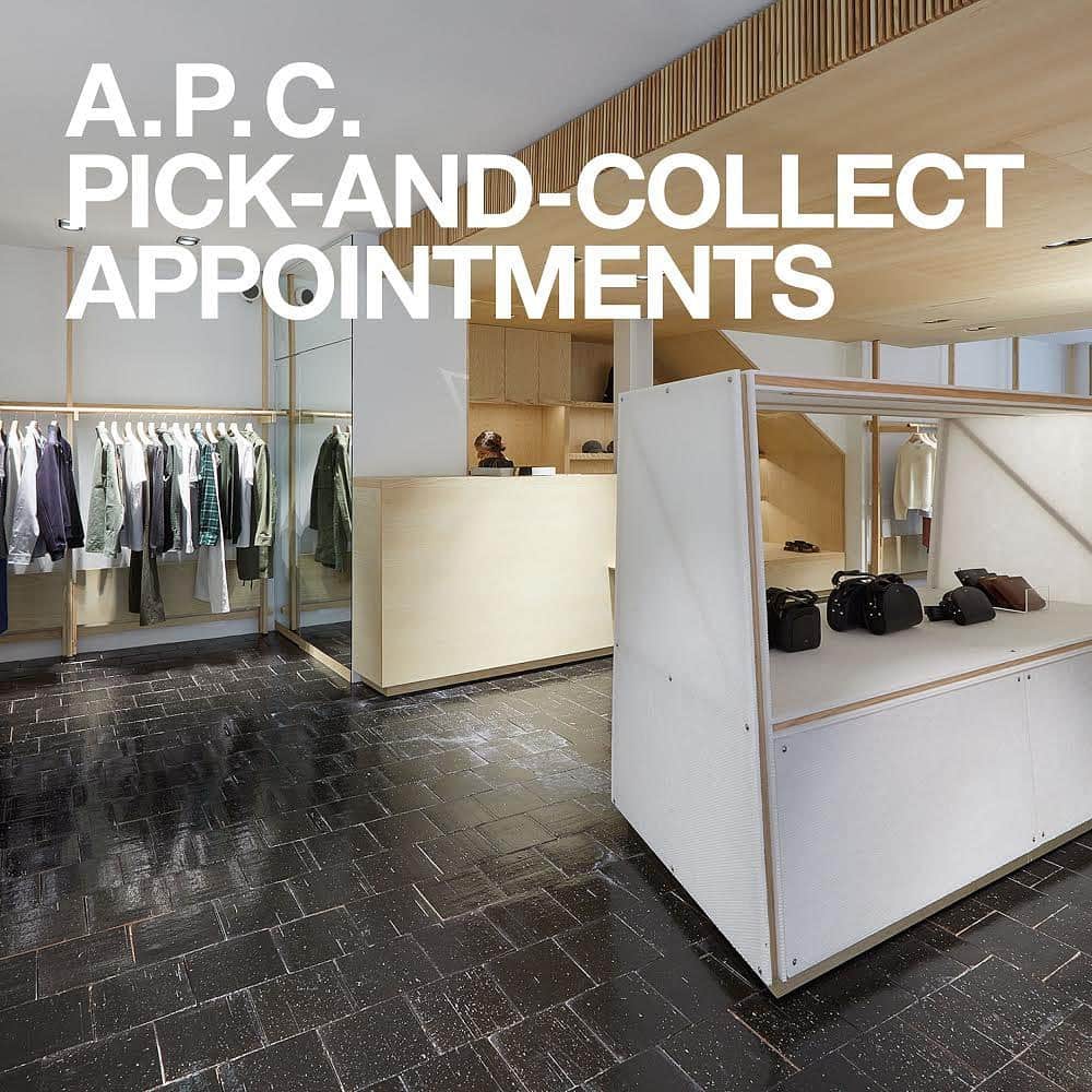 アーペーセーのインスタグラム：「A.P.C. Pick and Collect Appointments⠀ ⠀ Our sales teams in UK are available via phone in the following stores :⠀ ⠀ A.P.C. LEXINGTON⠀ A.P.C. ISLINGTON⠀ A.P.C. LEDBURY⠀ ⠀ We invite you to connect at https://apcparisen.simplybook.it/v2/ to book an appointment. Our teams will call you on the phone number provided and can answer all your questions. You will also have the option to have items presented to you on video via Whatsapp.⠀ ⠀ Items can then be collected in the stores mentioned above, delivered by courier in London and the surrounding suburbs, or sent by post everywhere in England.  #APC #APCPickandCollect #UK #APCFW20 #APCSS21」